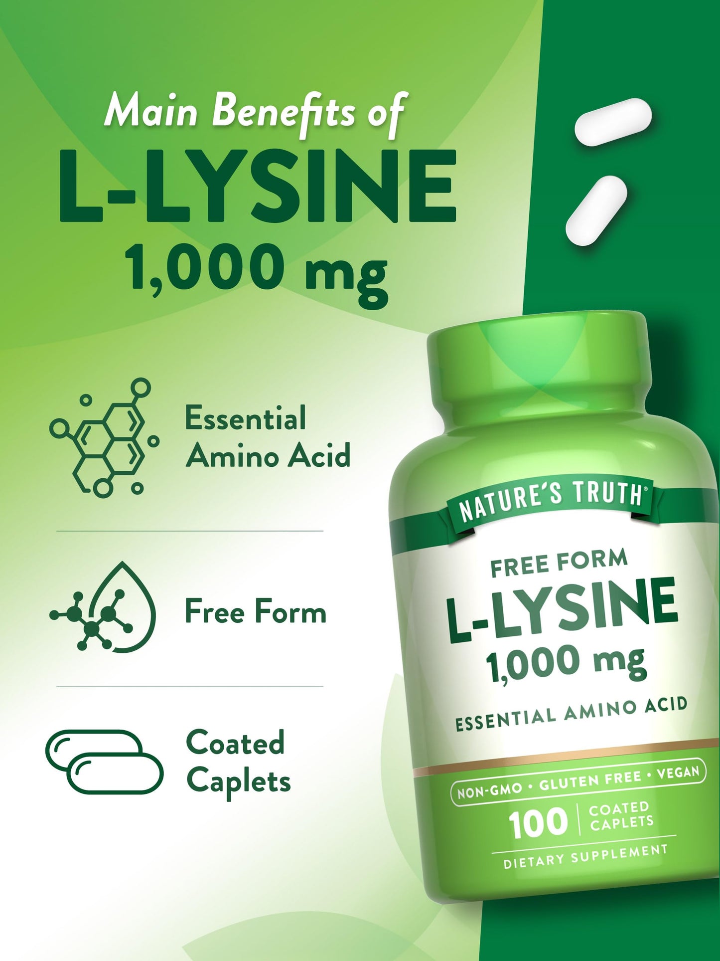 Nature's Truth L-Lysine 1000mg Coated Caplets, 100 Count