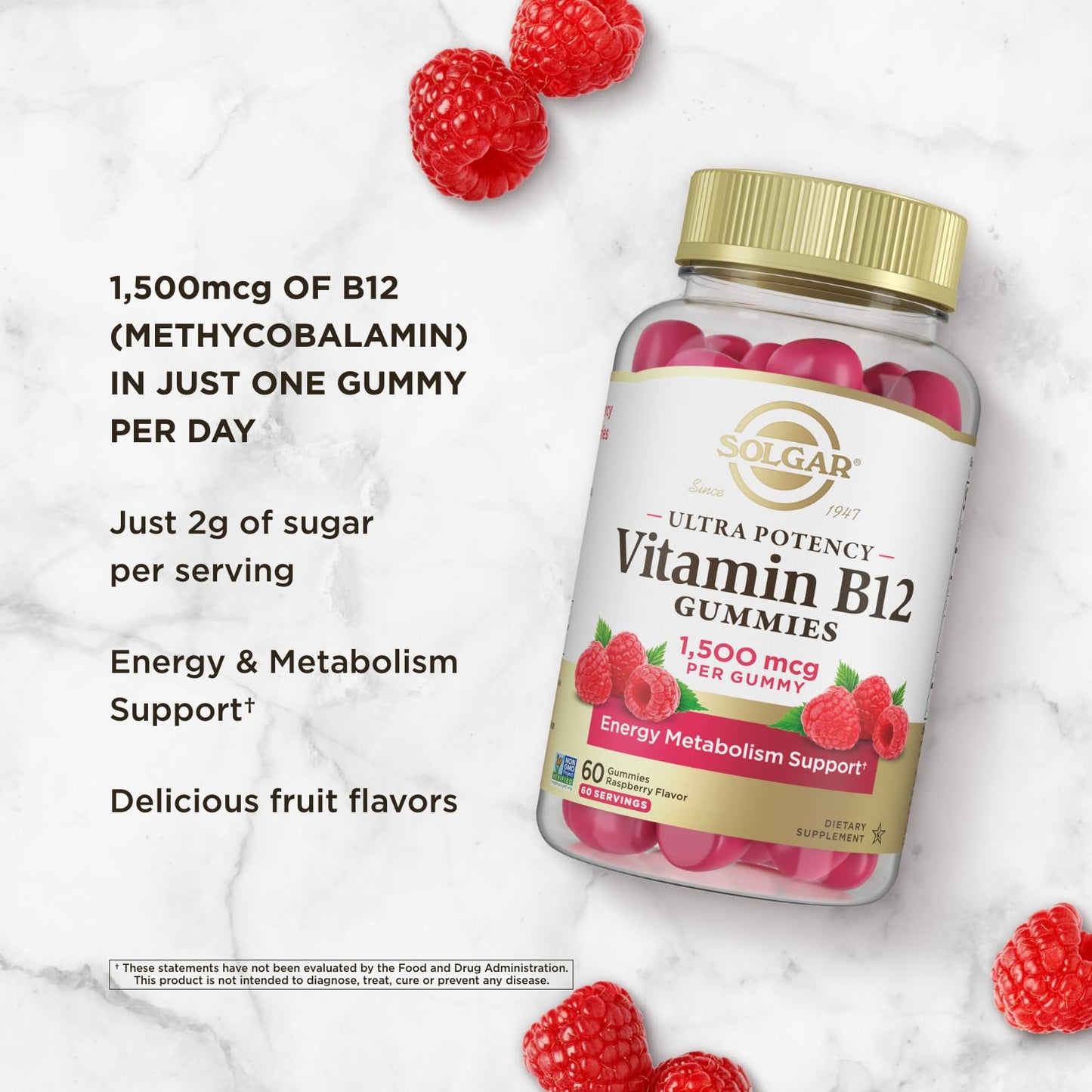 Solgar Methyl B12 Gummies 1,500mcg Ultra Potency Vitamin for Energy & Metabolism Support, Raspberry Flavor, Vegan & Gluten-Free, 60 Gummies