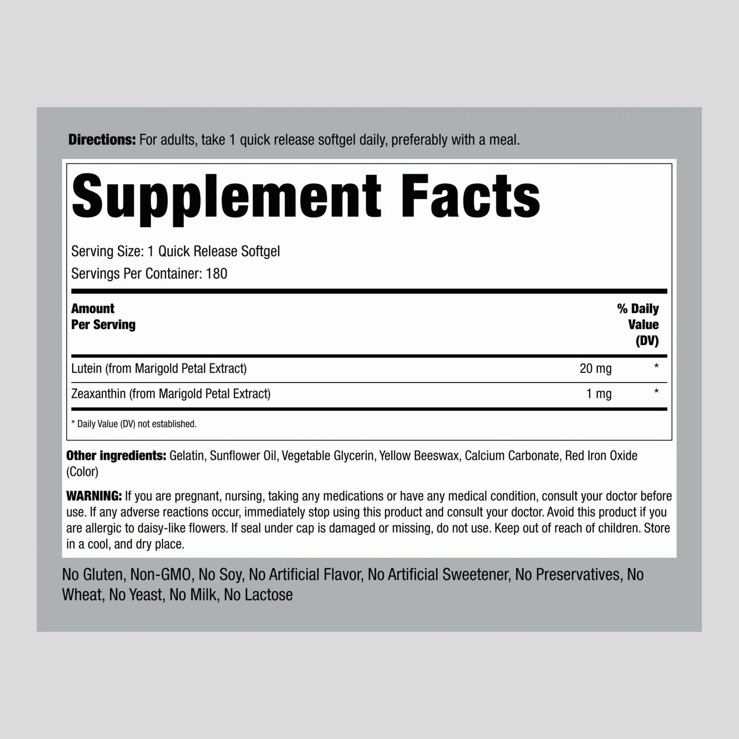 Piping Rock Lutein and Zeaxanthin Supplement 20mg Softgel, 180 Count