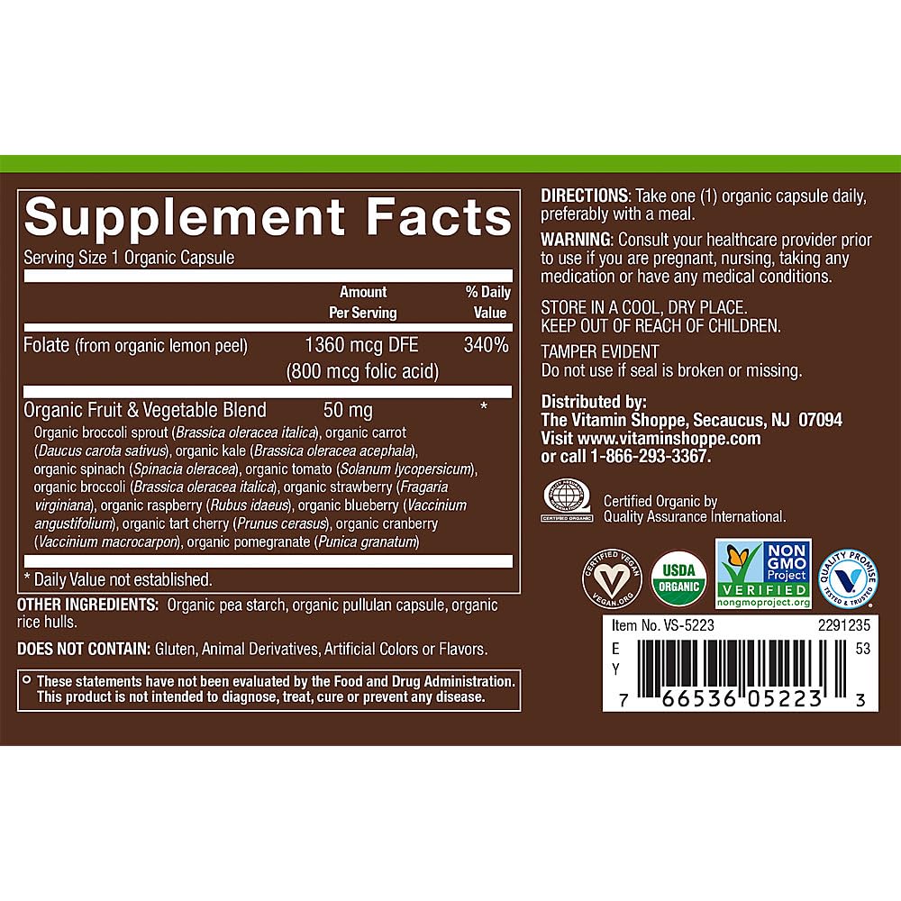 plnt Organic Folate Whole Food Prenatal Support 800mcg Folic Acid, Vegetarian Capsules, 100 Capsules