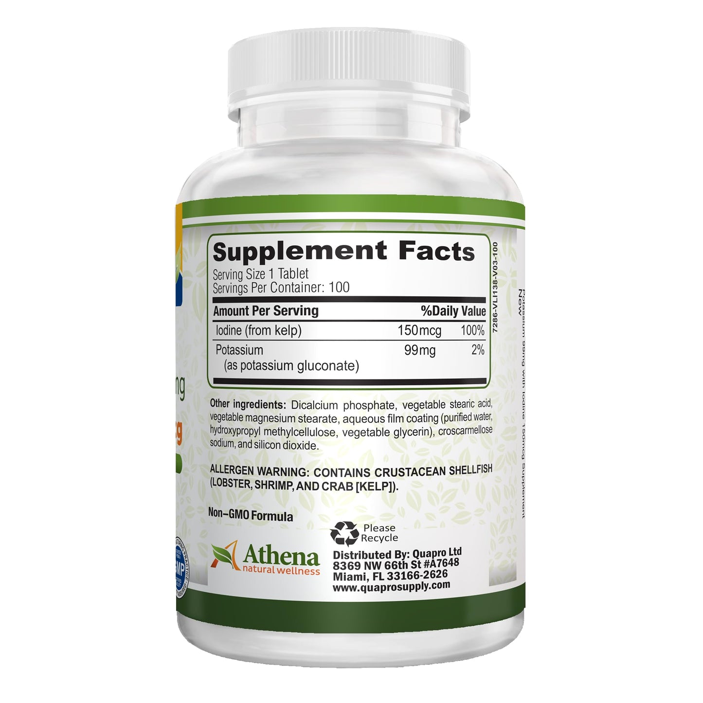Athena Natural Wellness Potassium 99mg with Iodine 150mcg Supplement Coated Tablets 100 Count