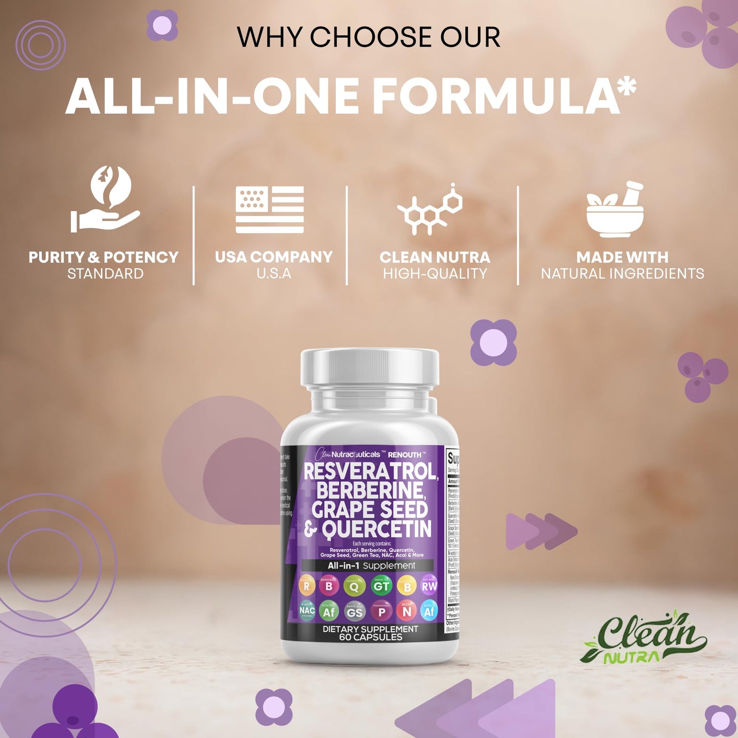 Clean Nutraceuticals Resveratrol Berberine Grape Seed Extract Quercetin Green Tea Extract Polyphenol Supplement N-Acetyl Cysteine Acai, 60 Capsules