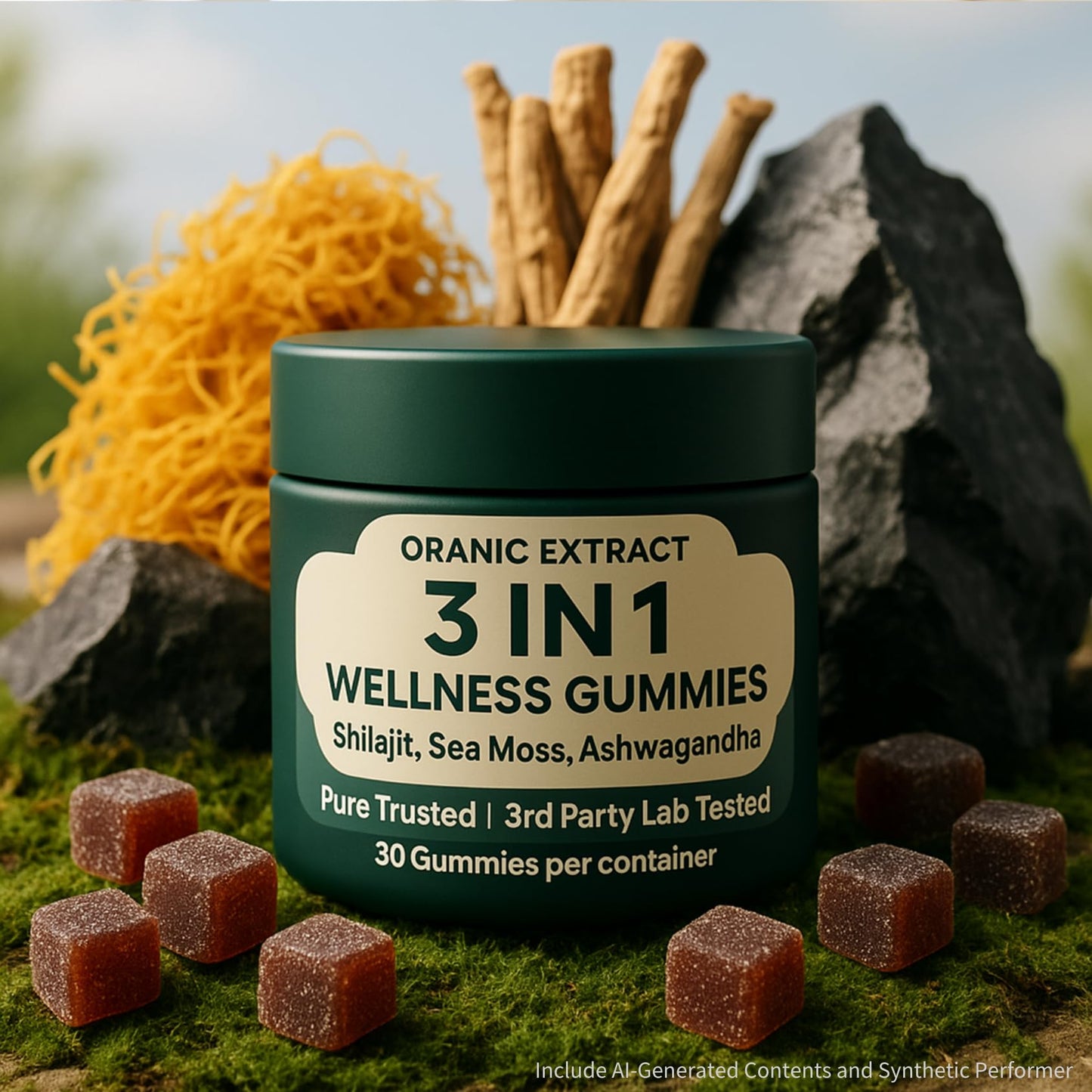 ORANIC EXTRACT 3IN1 Shilajit Wellness Gummies, Ashwagandha, Sea Moss, Energy & Immune Support, 30 Gummies