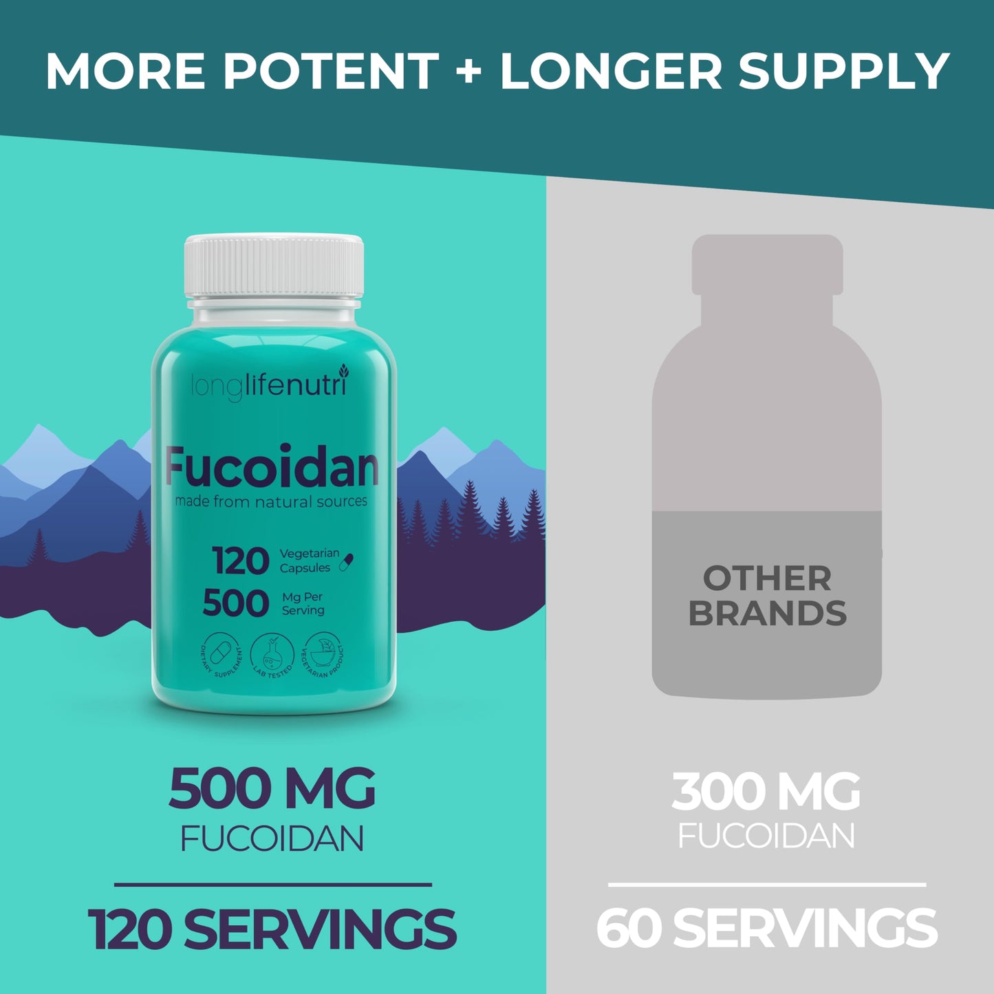 LongLifeNutri Fucoidan 500mg Brown Seaweed Extract Supplement Capsule, 120 Count