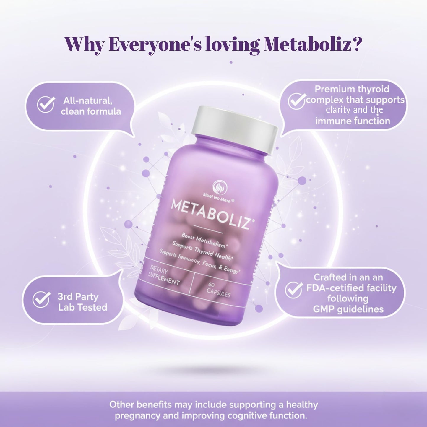 Bloat No More METABOLIZ Metabolism Booster for Women, Thyroid Support Supplement with Selenium, Iodine, B12 & Zinc, Supports Energy, Focus, Immunity & Digestion, Gluten-Free, 60 Capsules