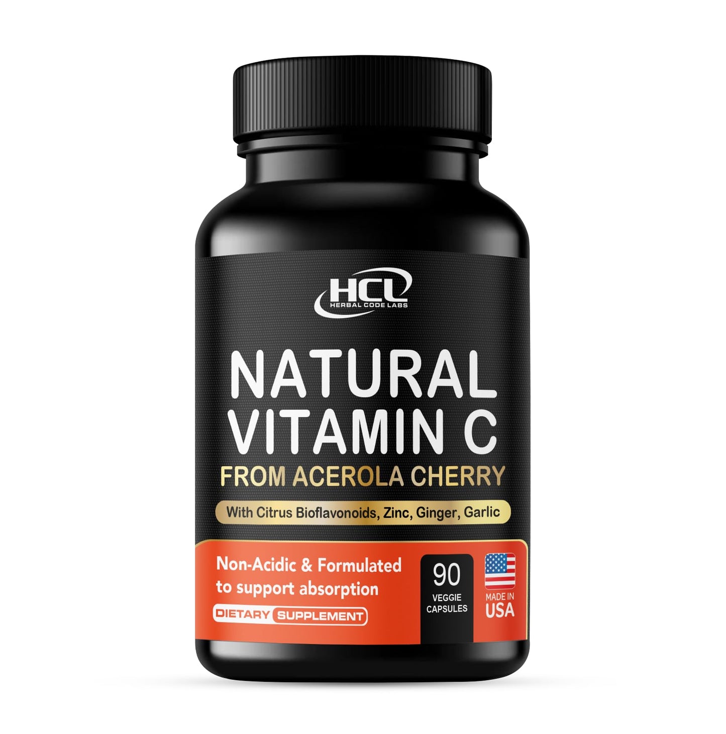 HCL Herbal Code Labs Natural Vitamin C from Organic Acerola Cherry - High Absorption - with Garlic Ginger & Citrus Bioflavonoids - Immune System & Collagen Booster - Anti Aging Skin Vitamins, 90 Capsules