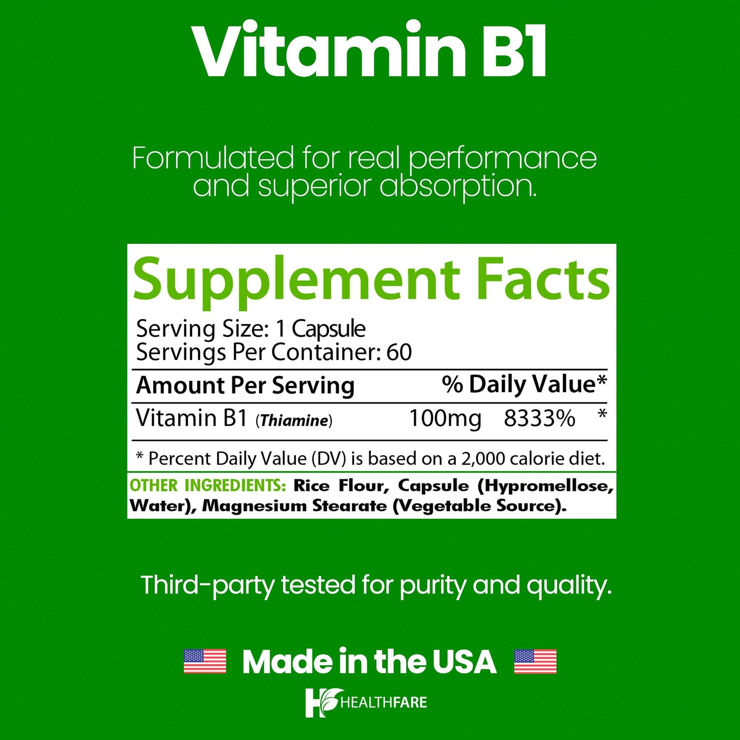 Healthfare Vitamin B1 100mg Thiamine Supplement Capsules, 60 Count
