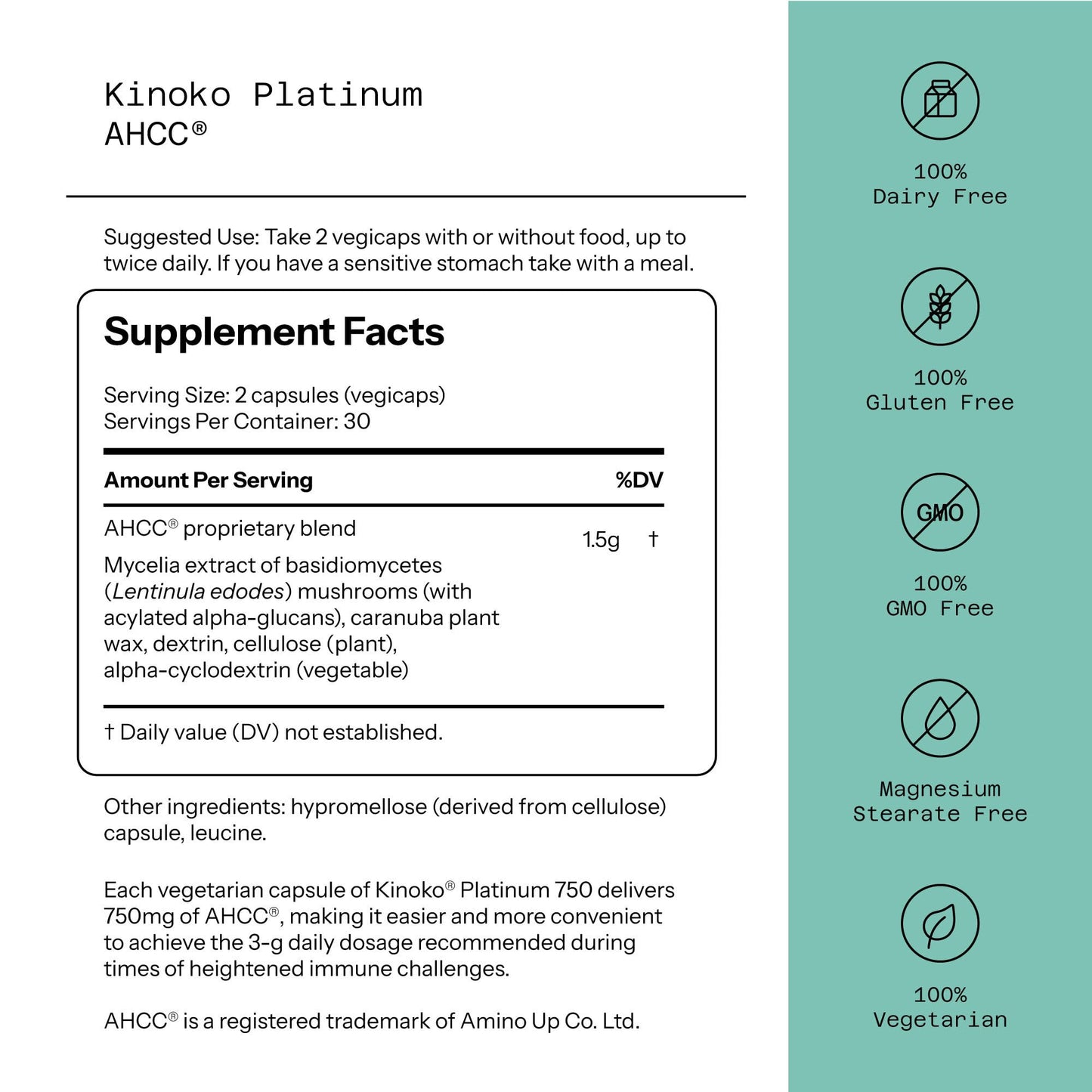 Quality of Life Kinoko Platinum AHCC Herbal Supplement Capsule, 60 Capsules