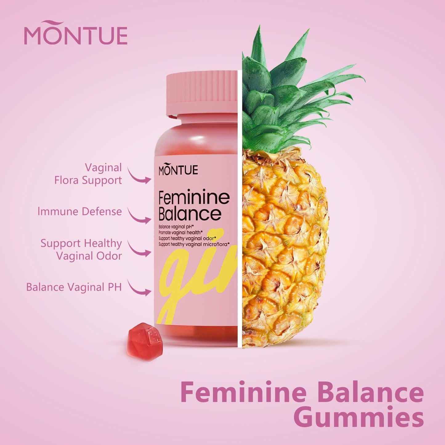 Montue Premium Feminine Balance Gummies with Prebiotics & Lactobacillus Probiotic Blend & Hawaiian Pineapple Immune Support, Vegan & Non-GMO, 120 Gummies