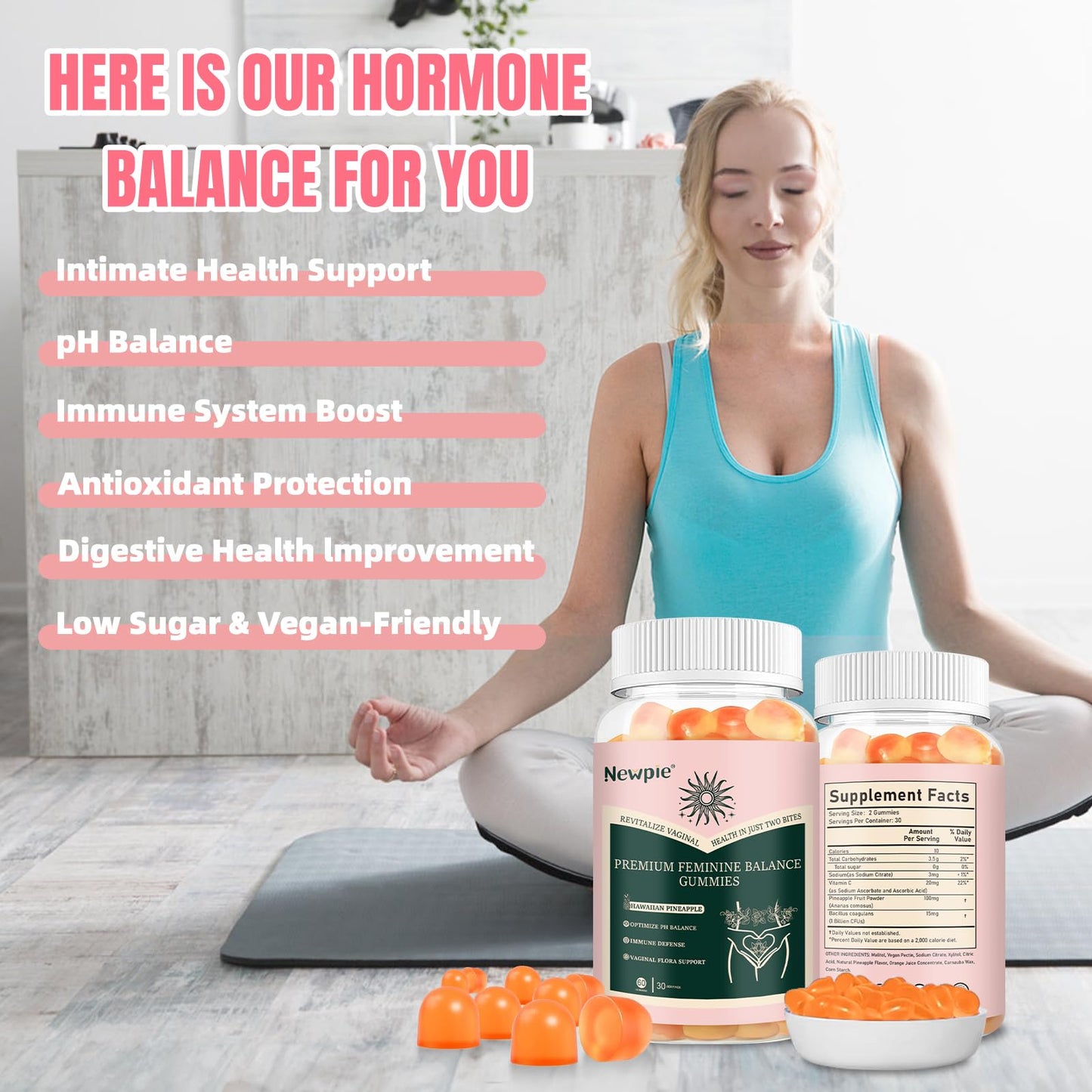 Blltzzz Premium Feminine Balance Gummies for Women Pineapple pH Health Immune Support Vegan, Gluten-Free & Halal, 60 Gummies