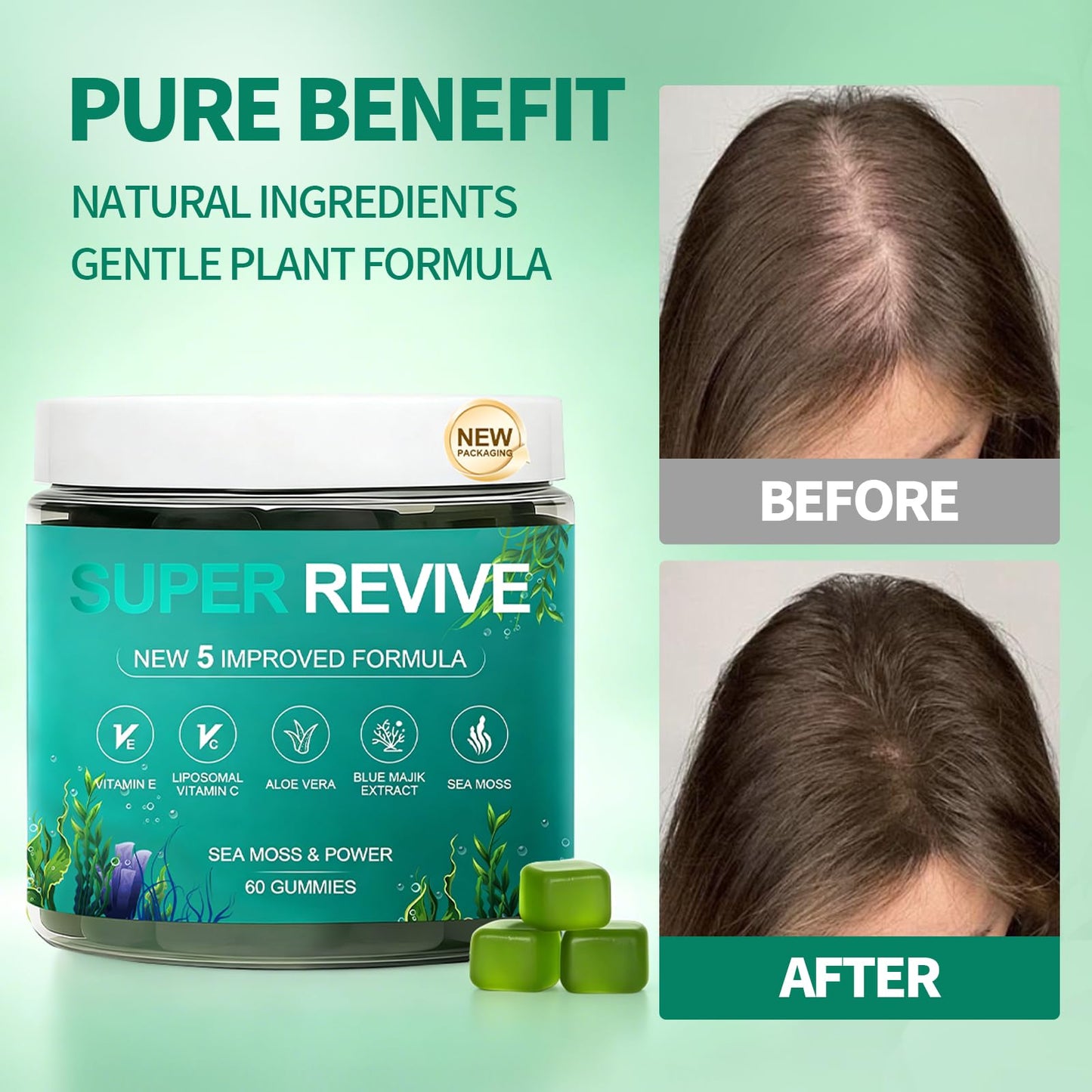 Plaxssuss Super Revive Gummies for Hair Loss Sea Moss 60 Count