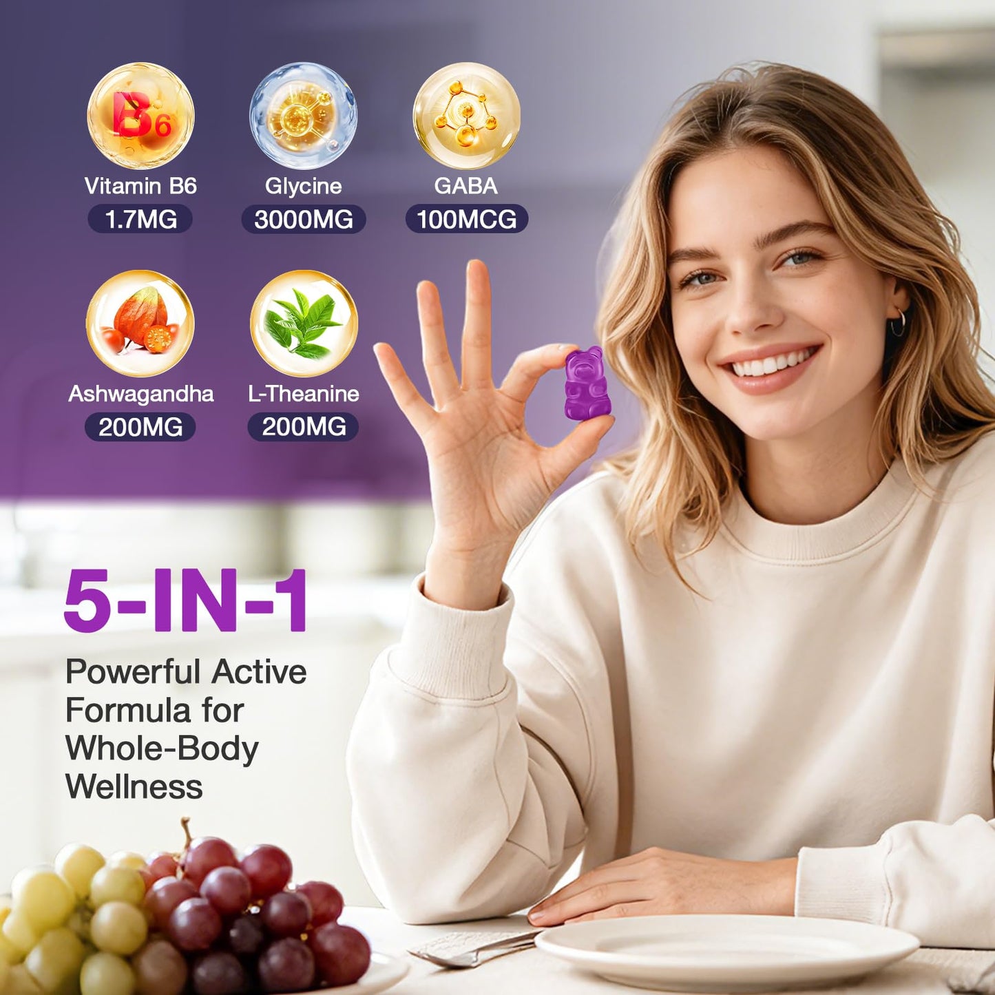 TTGUMMYAMAL Glycine Gummies, 3 g (3000 mg) Glycine Supplements for Sleep, Relax, Nerve Support, Stress Relief & Brain Health, Grape Flavor, Sugar-Free, Vegan, Non-GMO, Gluten-Free, 60 Ct