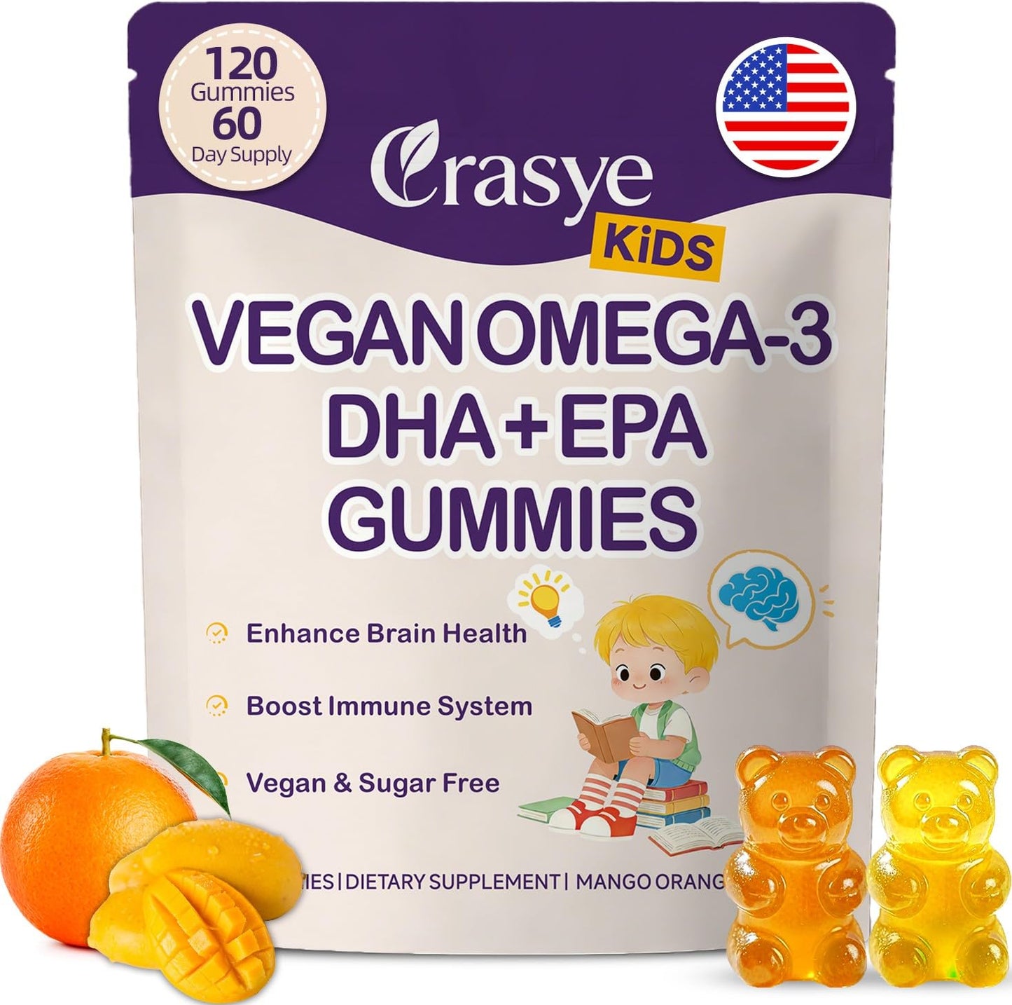 Crasye Omega 3 Gummies for Kids & Teens - Sugar Free Omega DHA & EPA Supplement Gummy for Children Brain and Immunity - No Fish Burps, Vegan, 120 Gummies