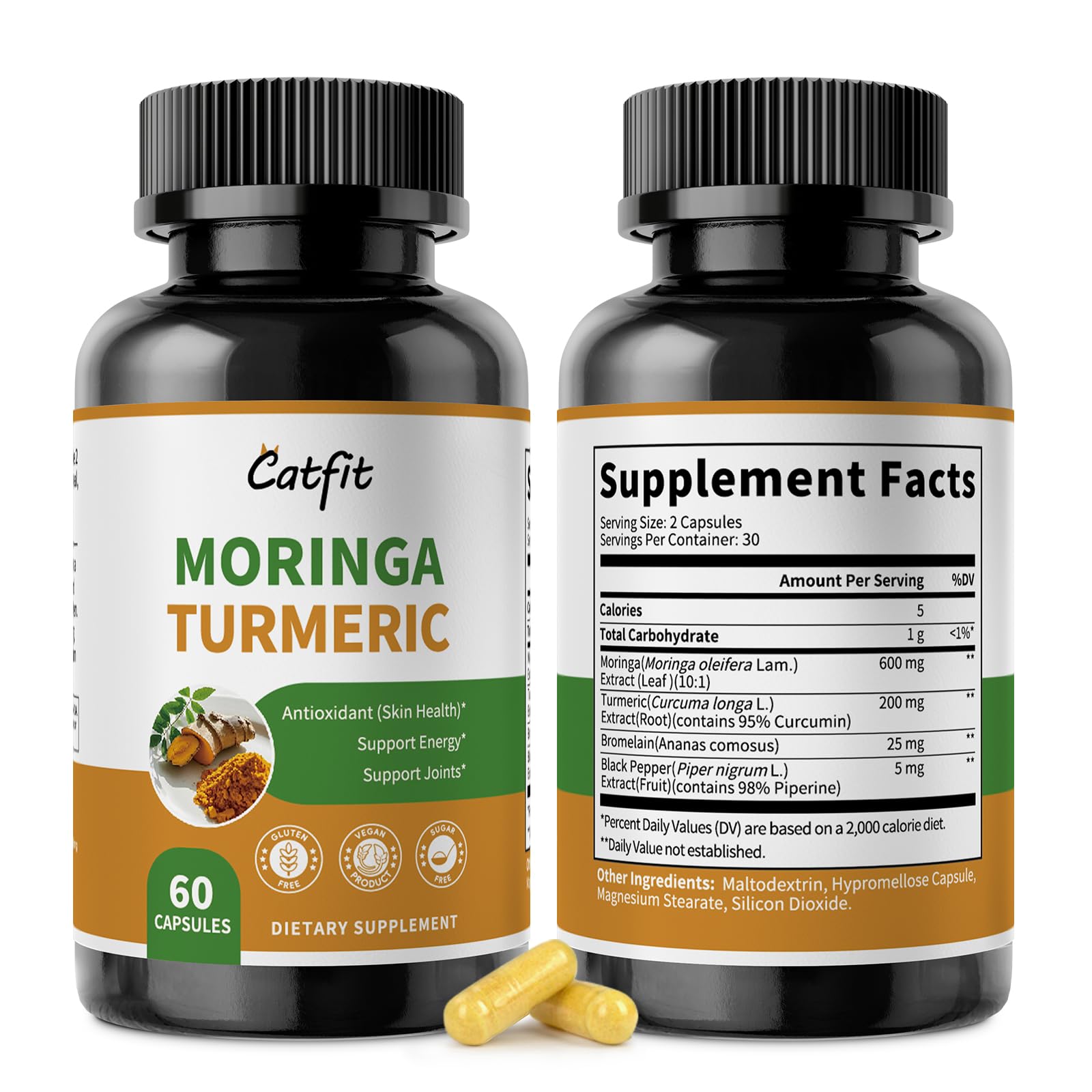 Catfit Moringa Capsules 10-in-1 Superfood Supplement with Turmeric Curcumin, Bromelain & Black Pepper – Antioxidant, Energy & Skin Support – Vegan, Non-GMO 120 Count