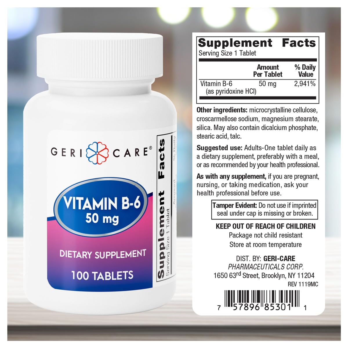 GeriCare Vitamin B-6 50mg Daily Nutritional Support for Healthy Brain Function, Helps Metabolism, Energy and Nervous System Health Tablets, 100 Count