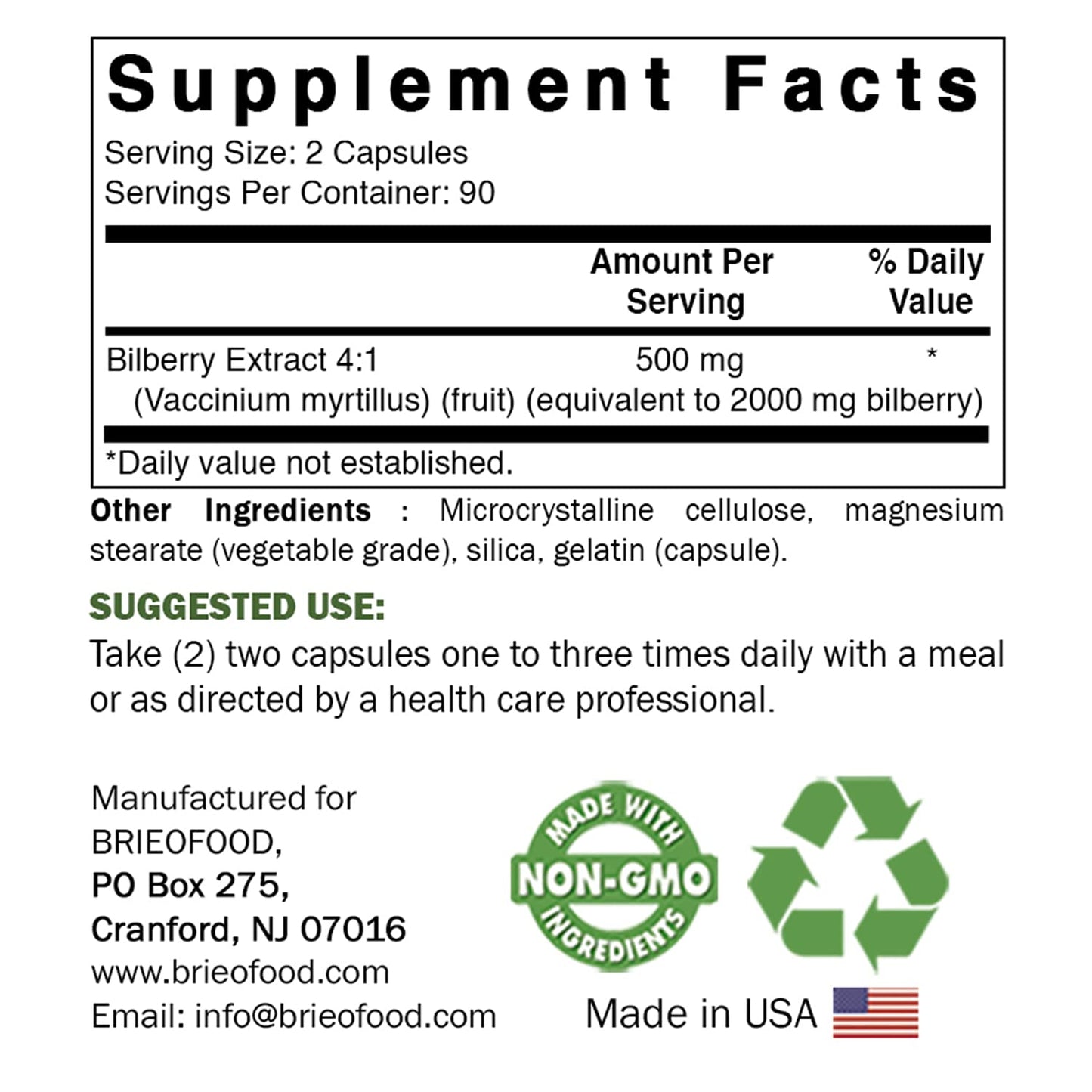 Brieofood Bilberry Extract 2000 mg per Serving Capsule 360
