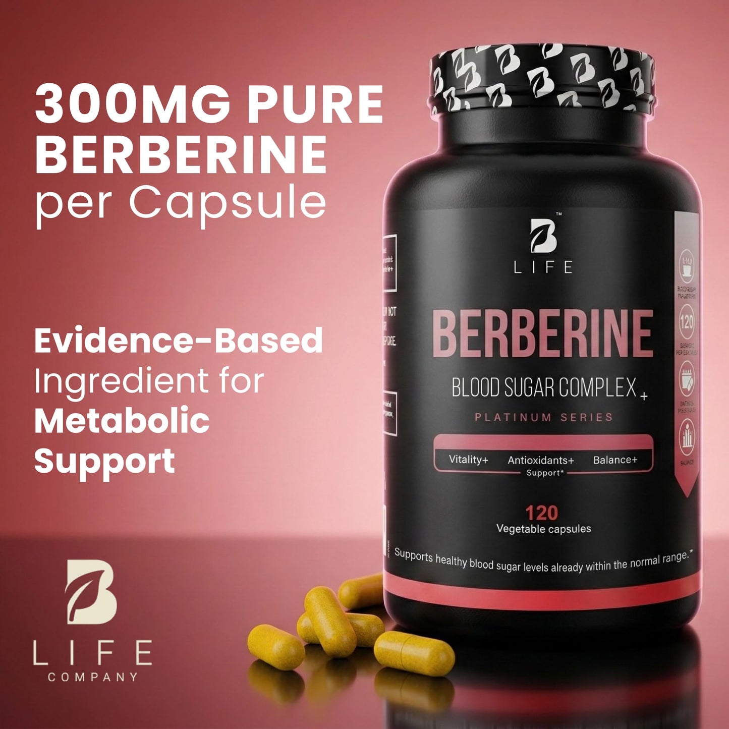 B Life Company Berberine Supplement 300mg – Berberine Complex Metabolism Capsule, 120 Capsules