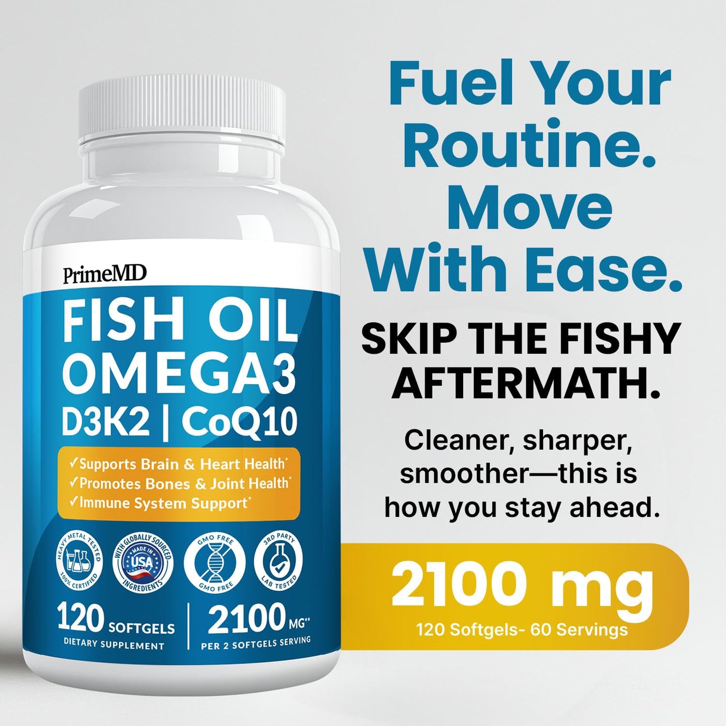 PrimeMD 4-in-1 Fish Oil Omega-3 Fatty Supplements (2100mg) - Omega-3 Fish Oil with Vitamins D3 K2 and CoQ10 Softgels, 120 Count