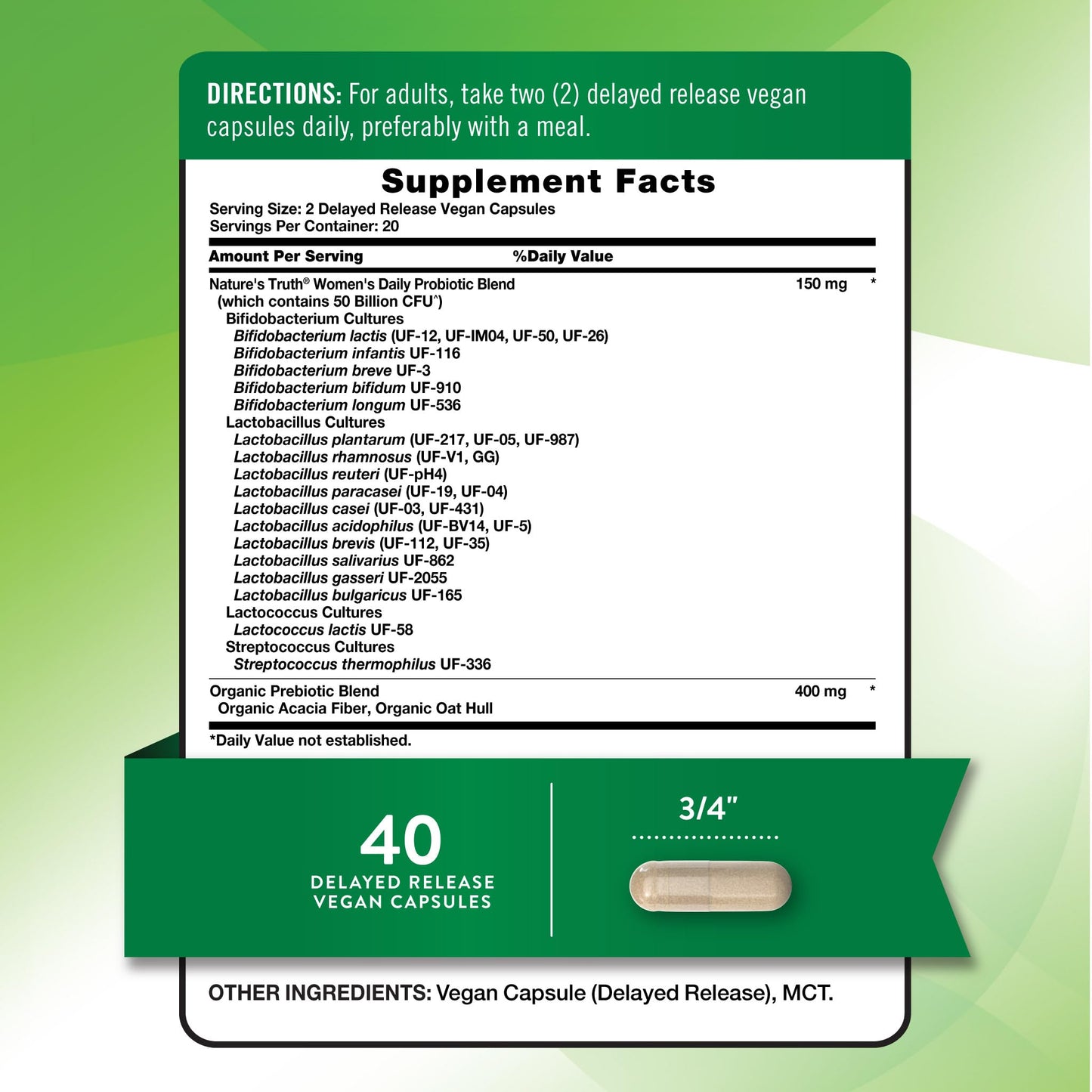Nature's Truth Women's Daily Probiotic & Prebiotics 50 Billion CFU Capsule, 40 Count