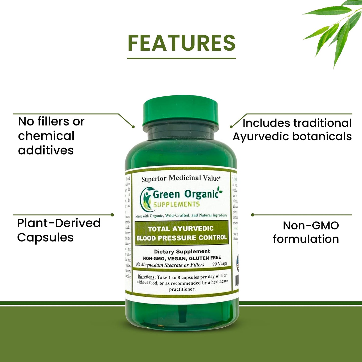 Green Organic Supplements Blood Pressure, Total Ayuvedic Capsule, 90 Capsules