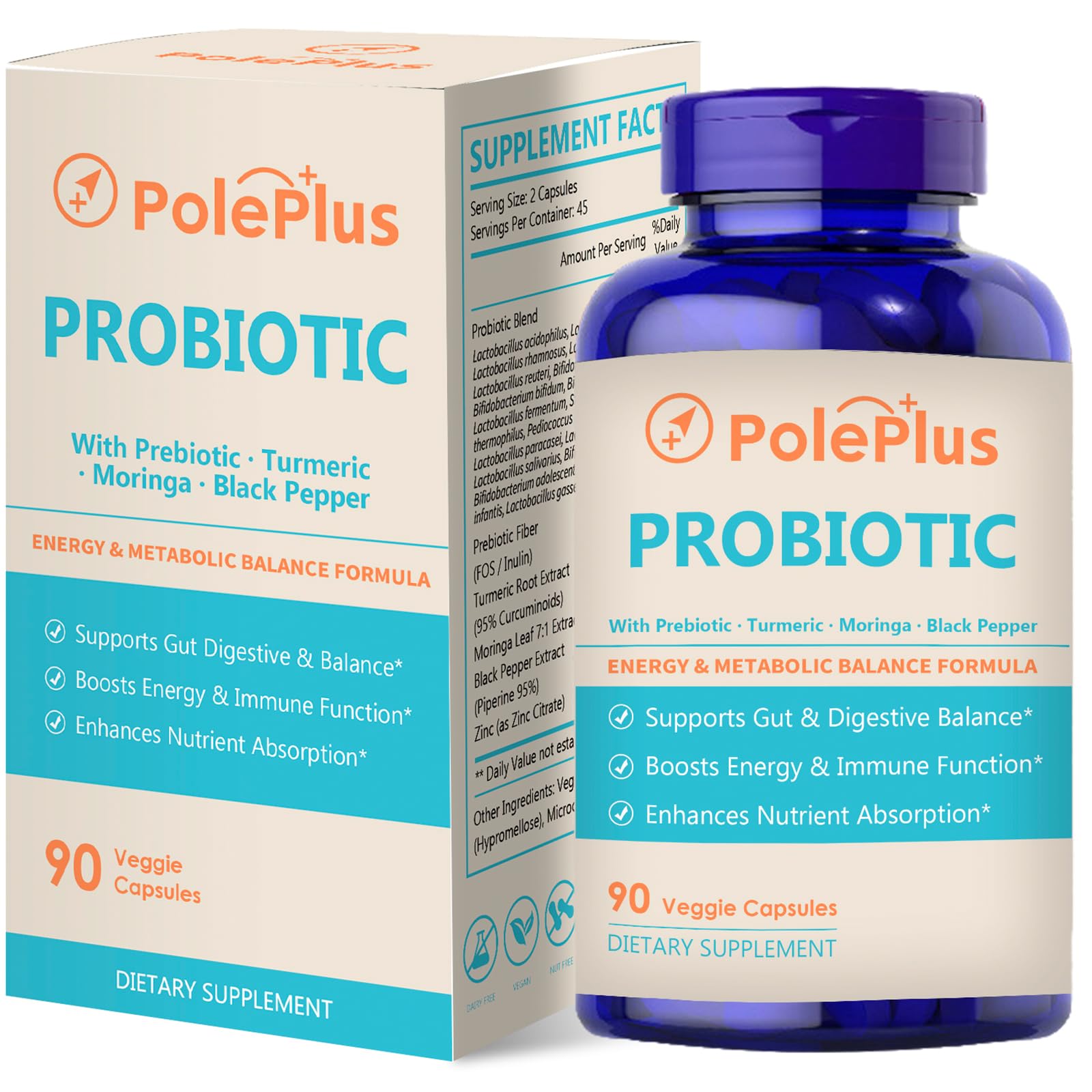PolePlus Probiotic Supplement for Women & Men Capsule, 90 Vegan Capsules