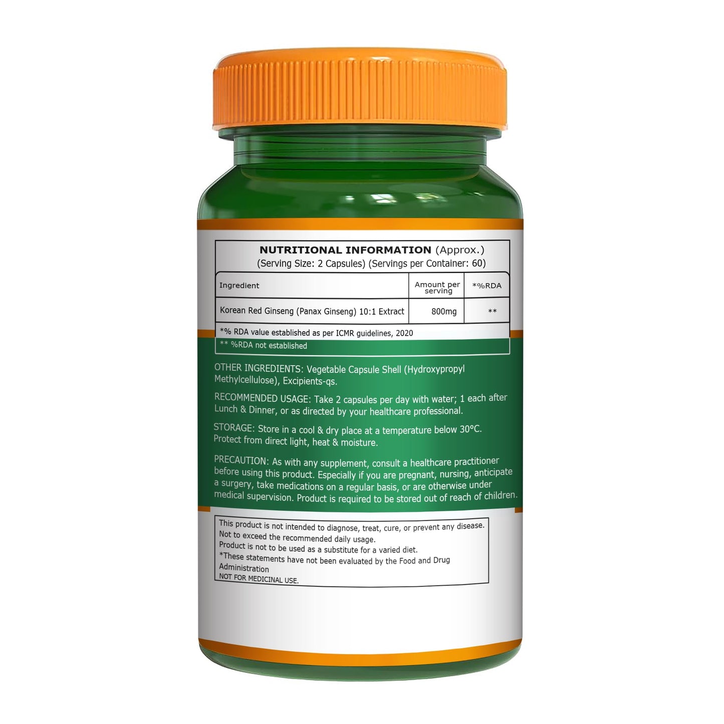 Pure Nutrition Natural Treasures Korean Ginseng 800mg Capsule 120 Count
