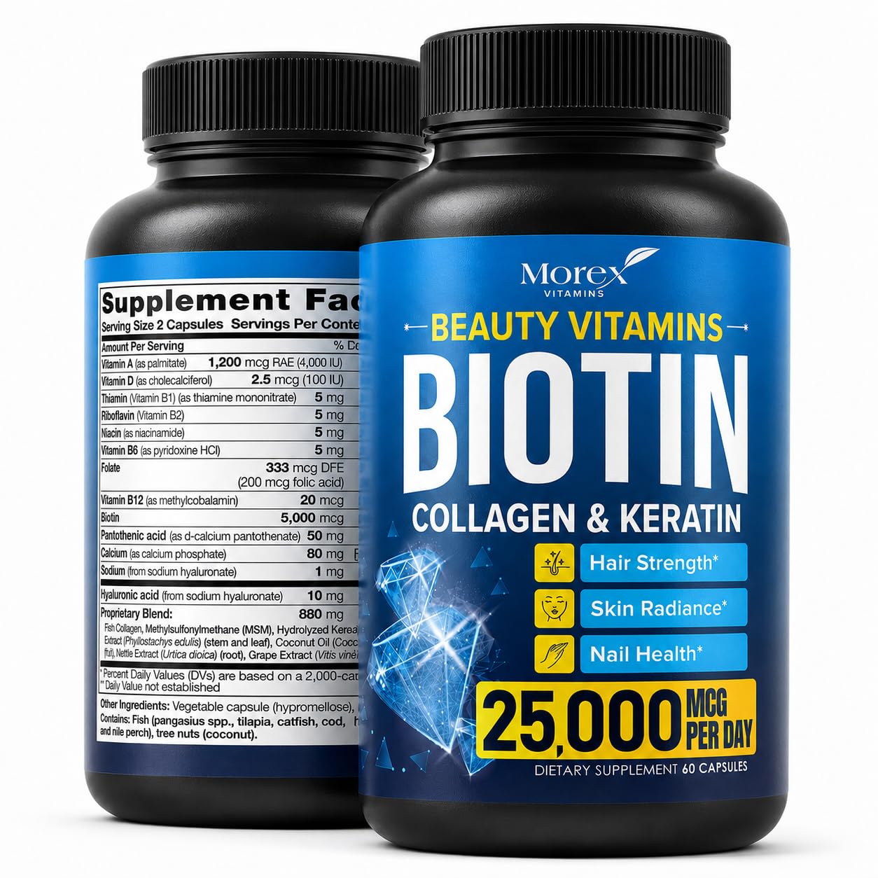 MOREX VITAMINS Biotin Collagen Keratin Supplement with Hyaluronic Acid 25,000 mcg Hair Growth Vitamins for Men and Women Thickness & Hair Loss Support Complex Stronger Nails & Healthy Skin 60 Capsules