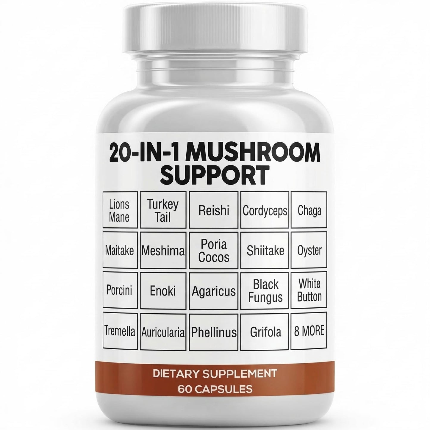 Clean Nutraceuticals Lions Mane 20in1 Mushroom Supplement with Turkey Tail Reishi Cordyceps Chaga Maitake Meshima Poria Cocos Shiitake Oyster Porcini Enoki Capsules, 60 Count