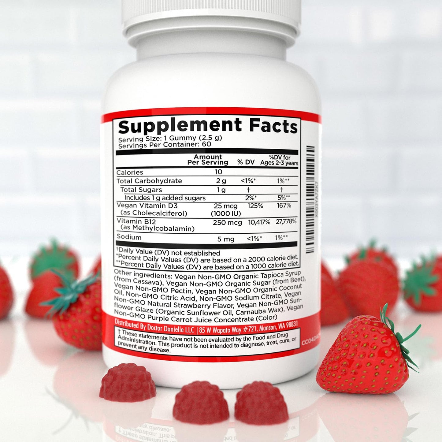 Doctor Danielle Vitamin D3 1000 IU & 250 mcg Vitamin B12, Vegan, Non-GMO, 60 Gummies