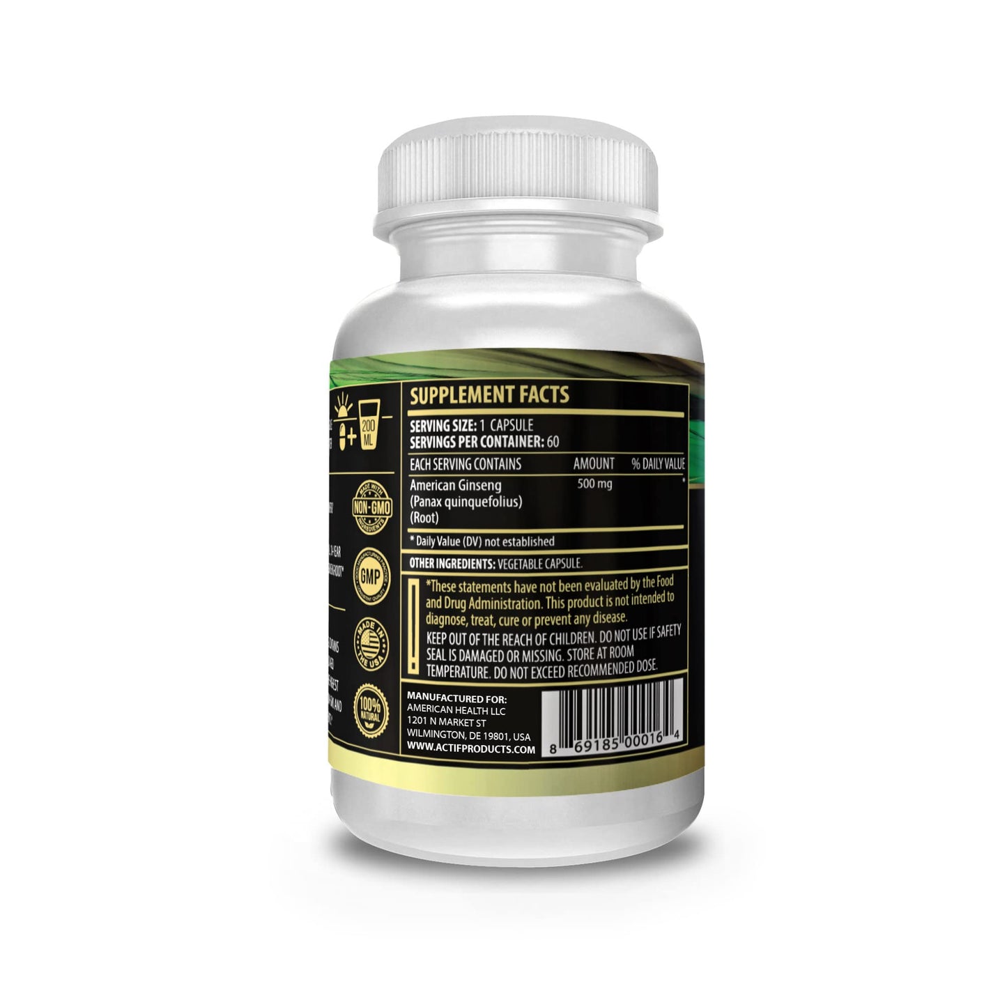 ACTIF American Ginseng 500mg Capsule, 1 Count