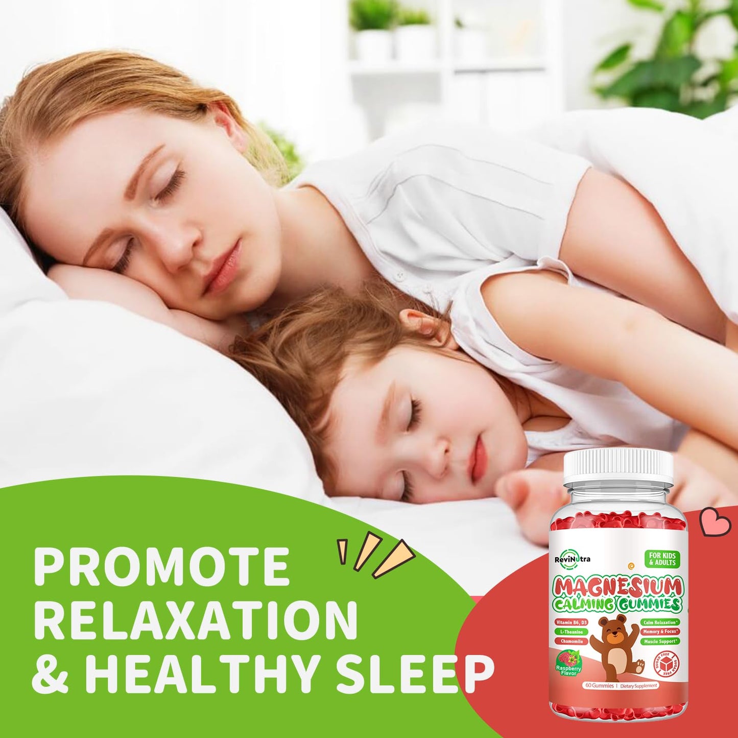 ReviNutra Magnesium Glycinate Gummies with L-Theanine, Vitamin B6, D3 for Kids & Adults Sugar Free Raspberry, 60 Count