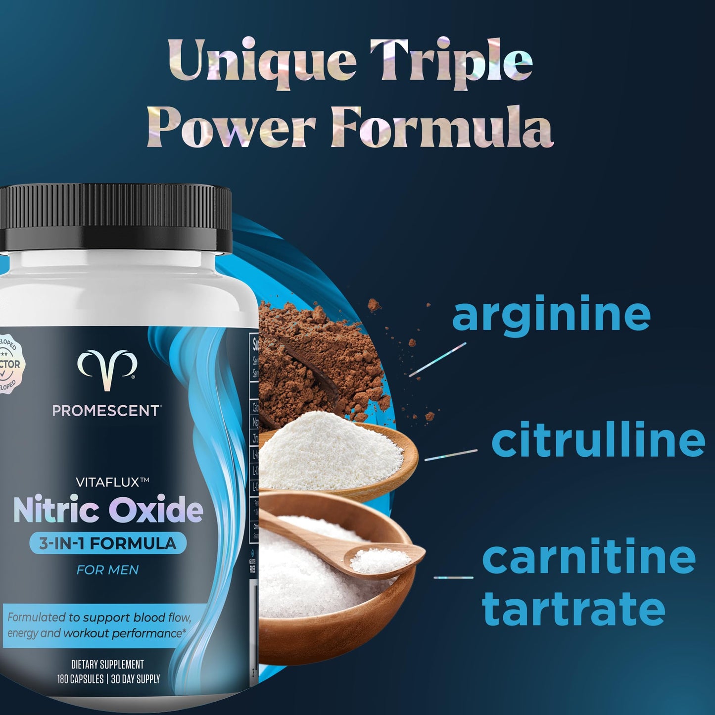 Promescent VitaFLUX Nitric Oxide Supplements for Men, Fast Acting Male Enhancing Pills for Stamina, Size & Performance, L-Arginine L-Citrulline L-Carnitine, Capsules, 180 Count