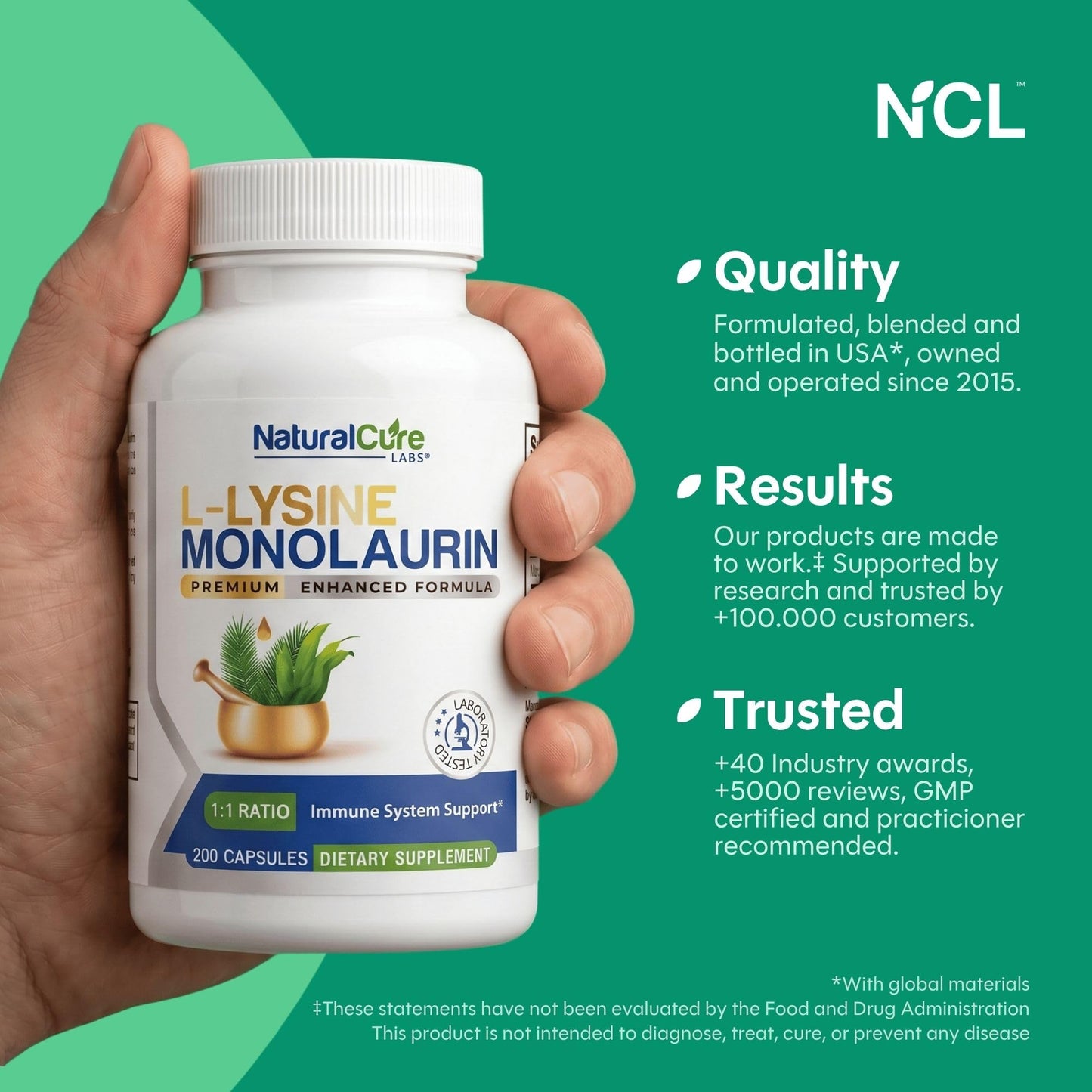 Natural Cure Labs L-Lysine with Monolaurin 600mg 1:1 Ratio, 200 Capsules