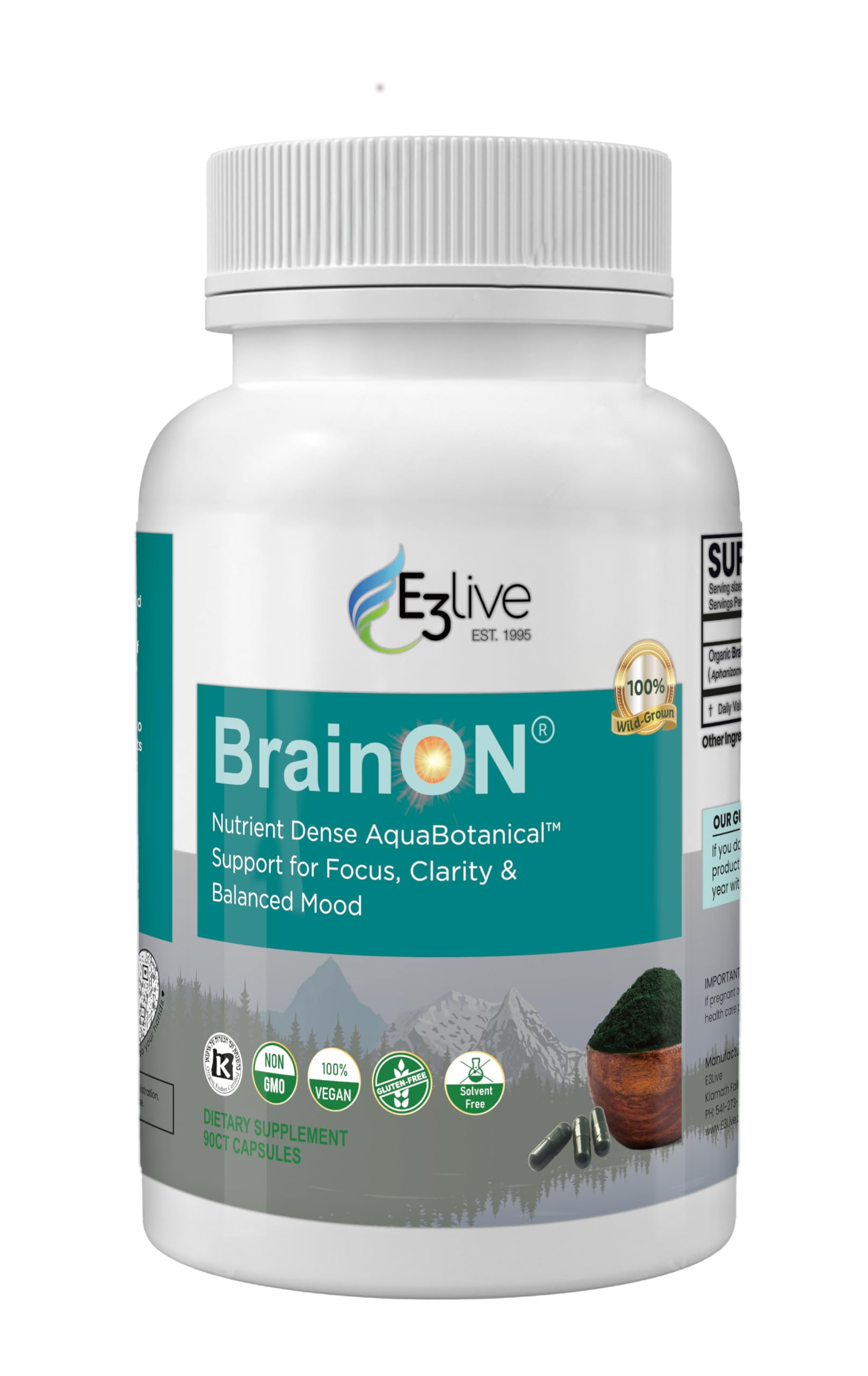 E3LIVE BrainON Wild-Harvested AFA Extract for Mood Balance & Focus Capsule 90 Count