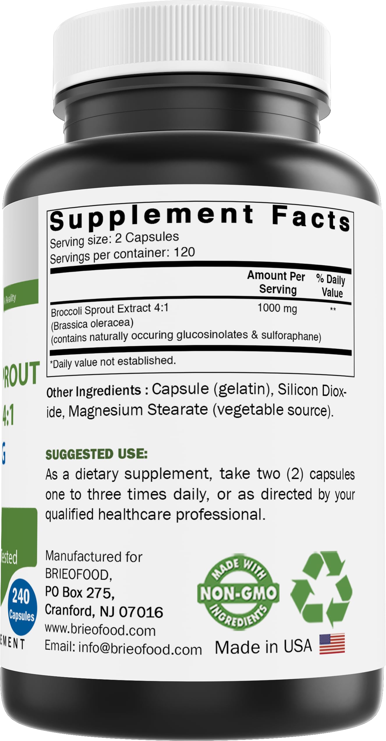Brieofood Broccoli Sprout Extract 4:1 1000 mg Per Serving Capsules 480