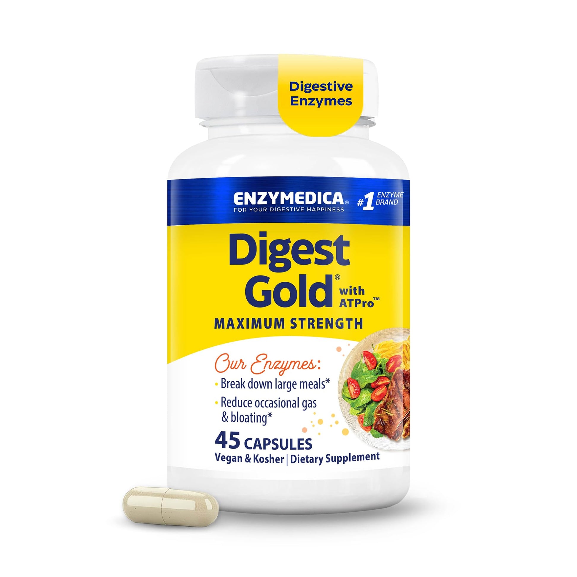 Enzymedica Digest Gold + ATPro Capsule, Maximum Strength Digestive Enzymes, 45 Count