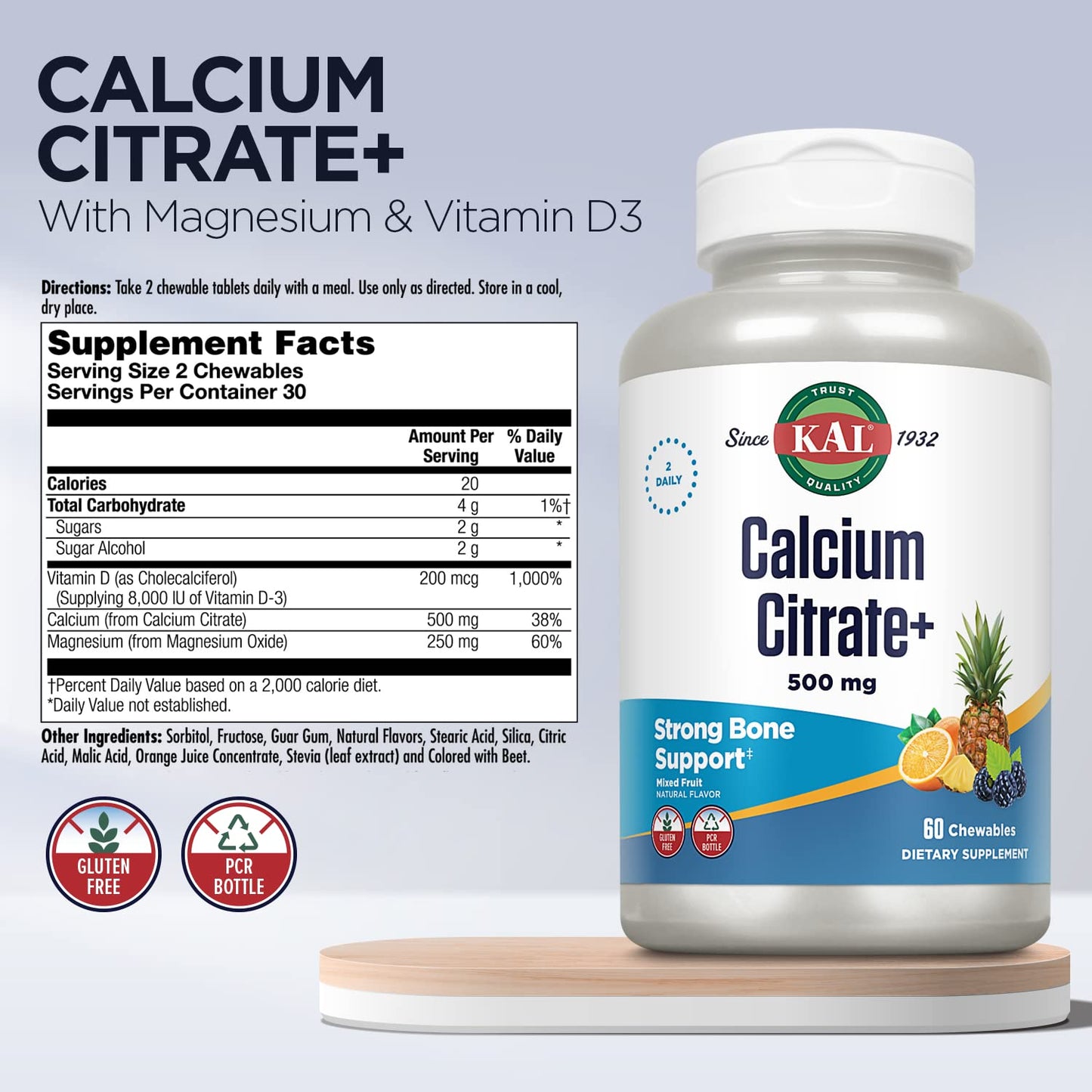 KAL Calcium Citrate Supplement 500mg Chewables with Vitamin D3 & Magnesium, 60 Count