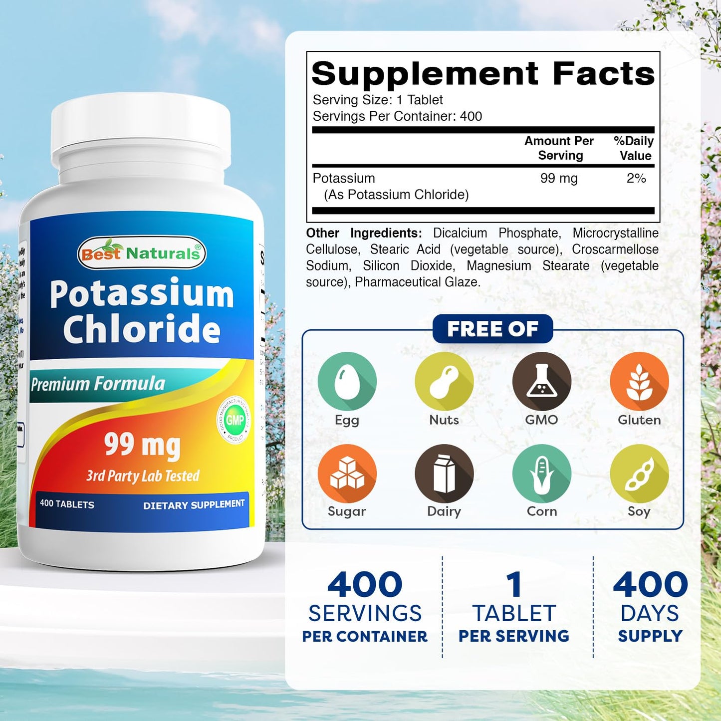 Best Naturals Potassium Chloride Supplement 99mg Tablets, 400 Count