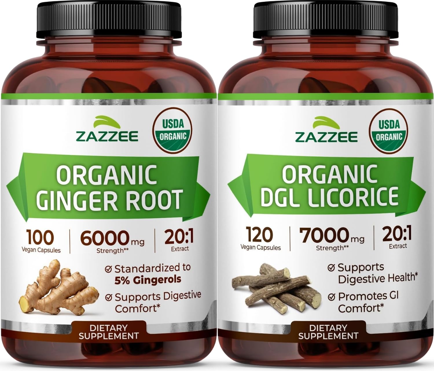 Zazzee USDA Organic Gut Health Support Bundle 20:1 Licorice Root & 20:1 Ginger Root Capsules 220 Capsules