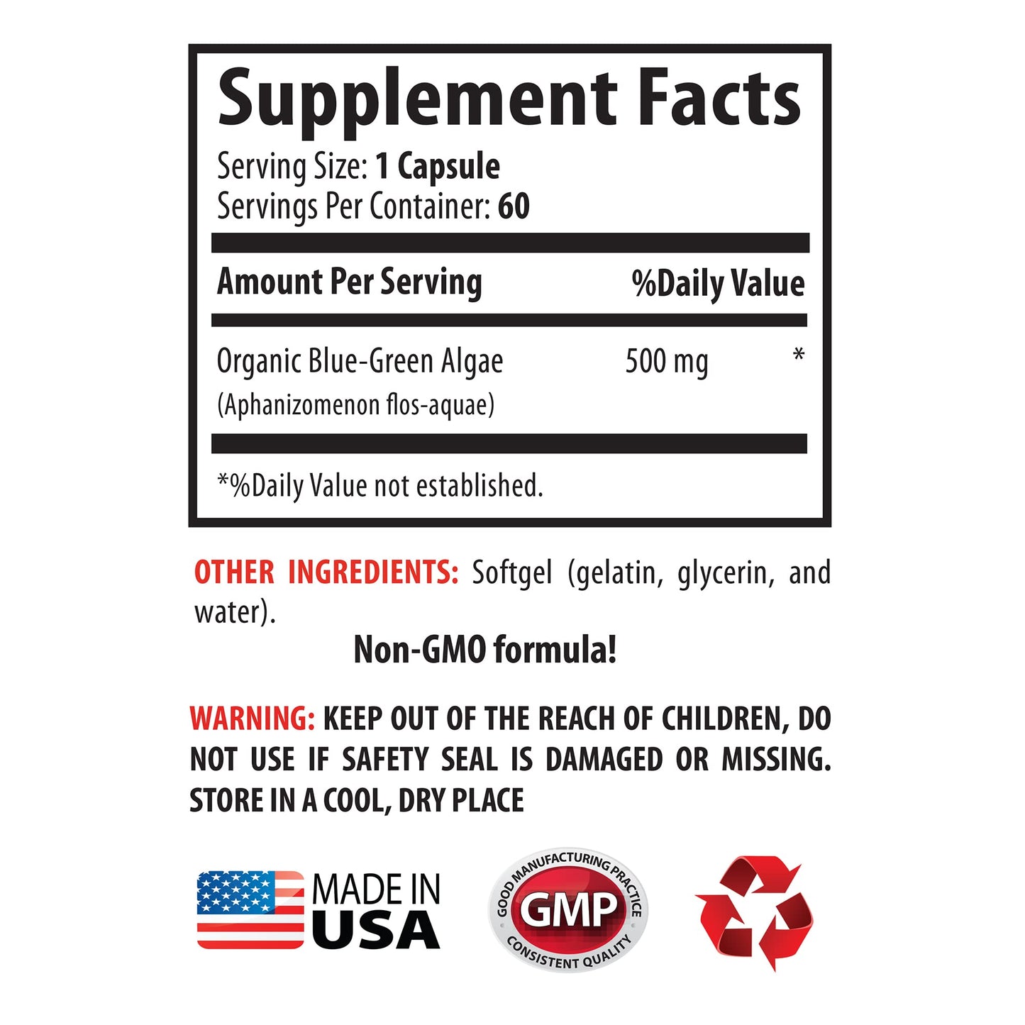 Sport Supplement Klamath Blue Green Algae 500mg Capsule, 60 Capsules