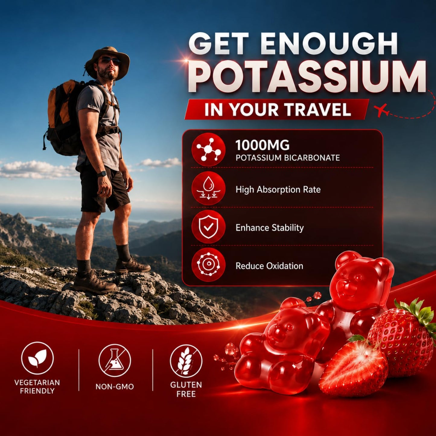 Swiss Bioenergetics Potassium Gummies for Adults & Kids, Strawberry Flavor, 120 Count