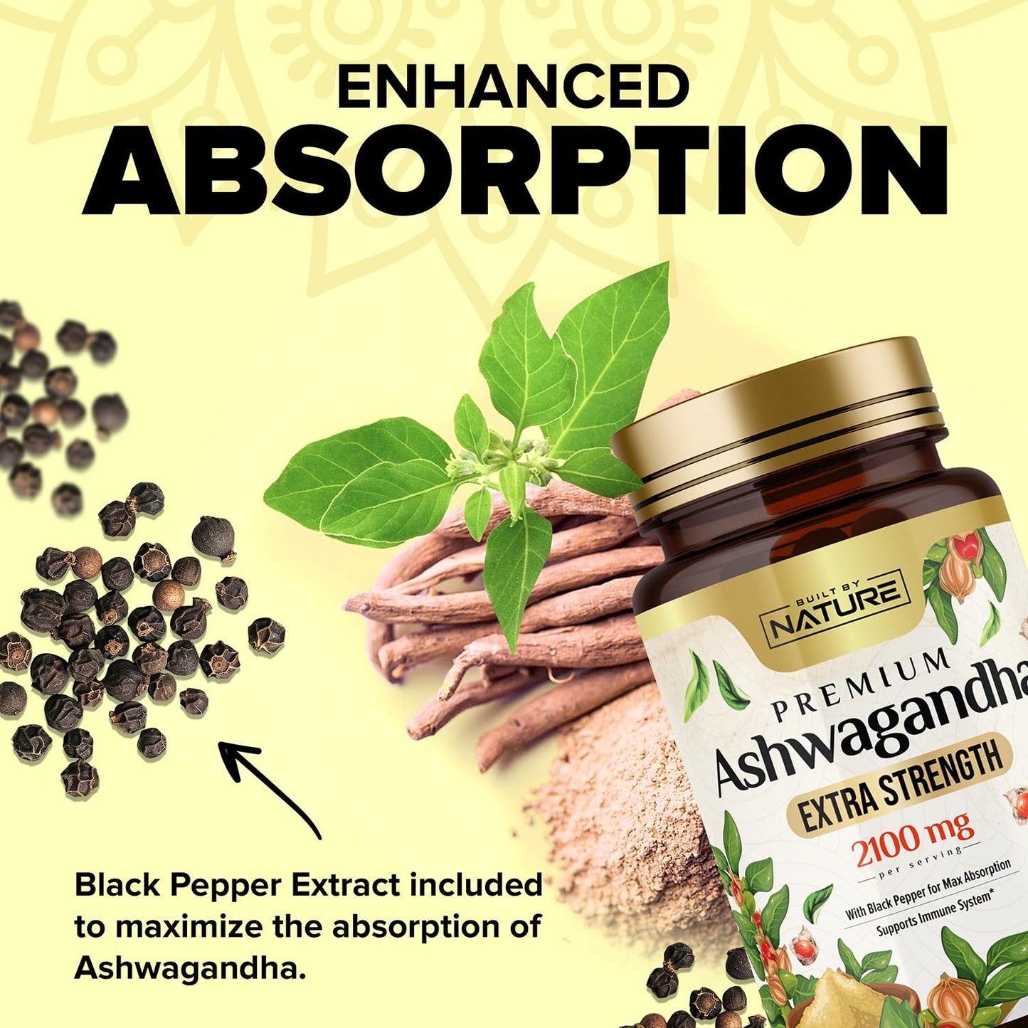 Built by Nature Ashwagandha 2100mg Extra Strength Stress Relief & Mood Support with Black Pepper Extract for Max Absorption Capsules, 60 Count