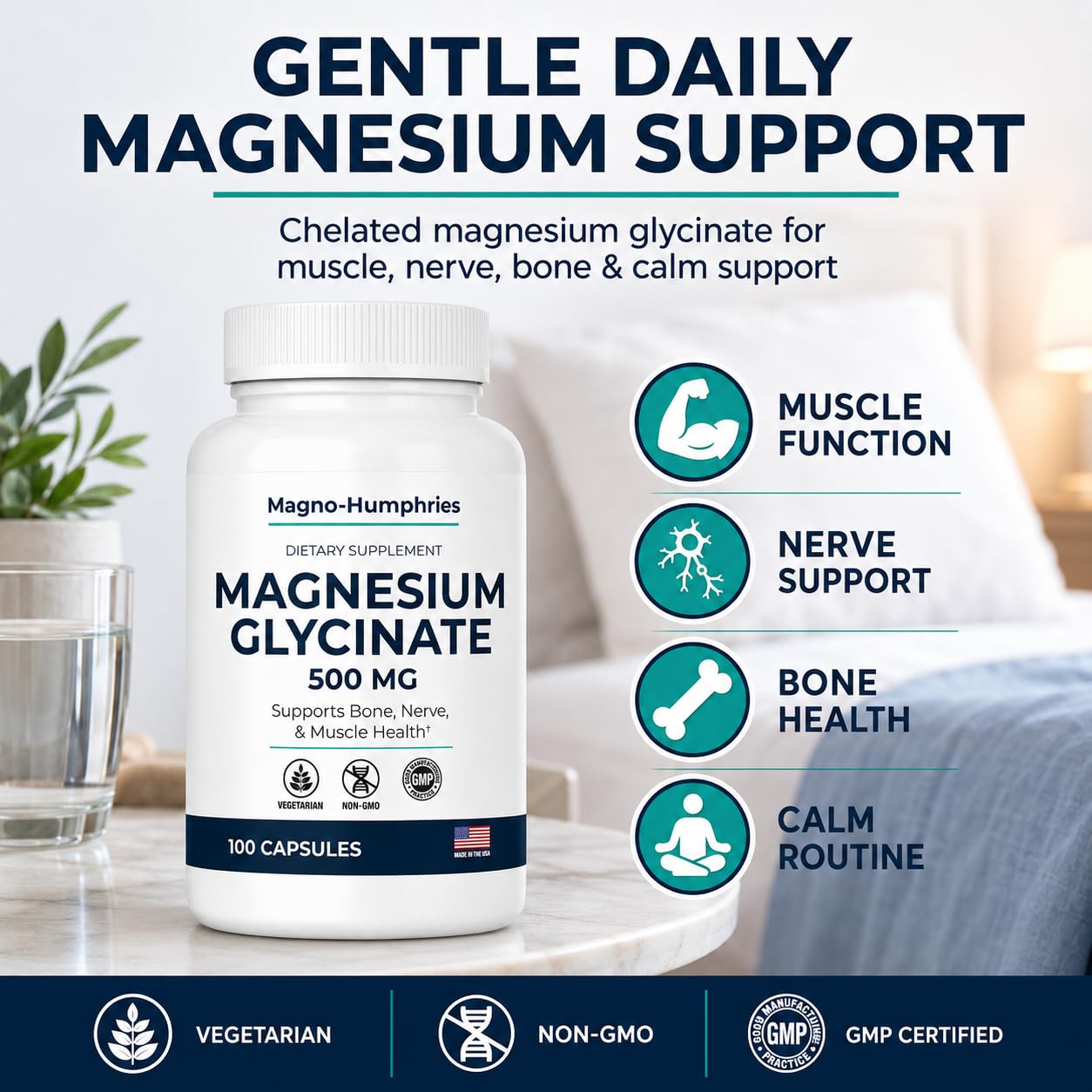Magno-Humphries Magnesium Glycinate 500 mg Capsules, 100 Capsules