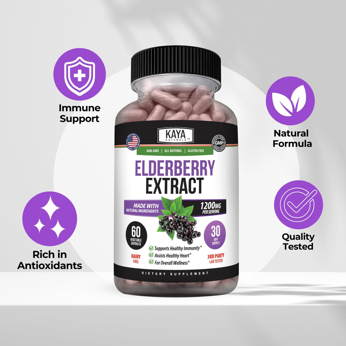 Kaya Naturals Elderberry Immune Support Capsules, 60 Count