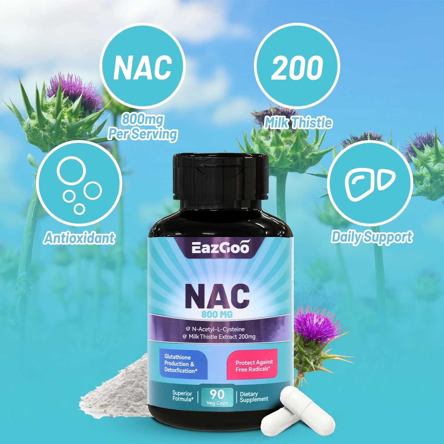 EAZGOO NAC (N-Acetyl Cysteine) Capsules 800mg with Milk Thistle 200mg, Antioxidant Support, Vegan, GMOs-Free, 90 Capsules
