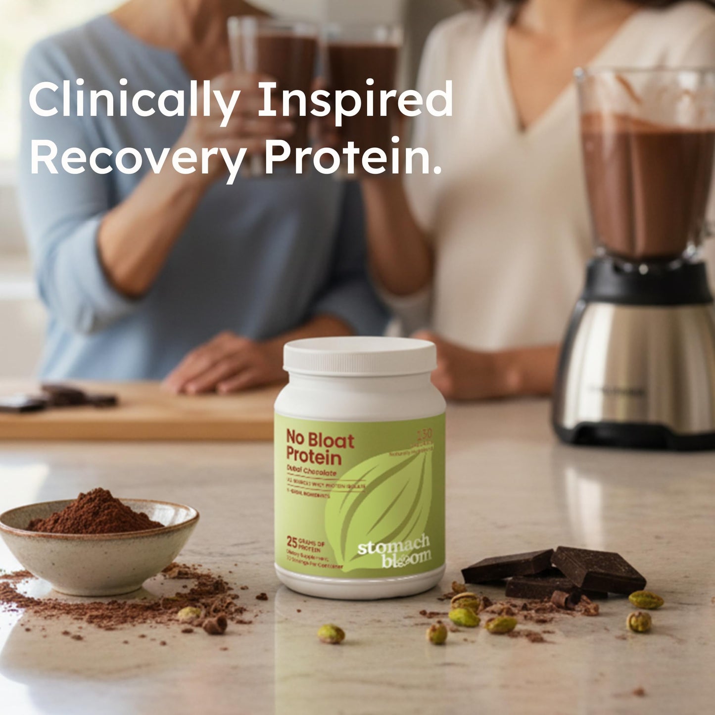 Stomach Bloom No Bloat Protein Powder for Digestive Health – 24g Grass Fed Whey Isolate with 5 Herbs – Natural Dubai Chocolate Flavor, 1 Count