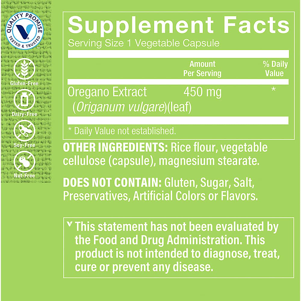 The Vitamin Shoppe Oregano Extract 450MG Vegetarian Capsules 100