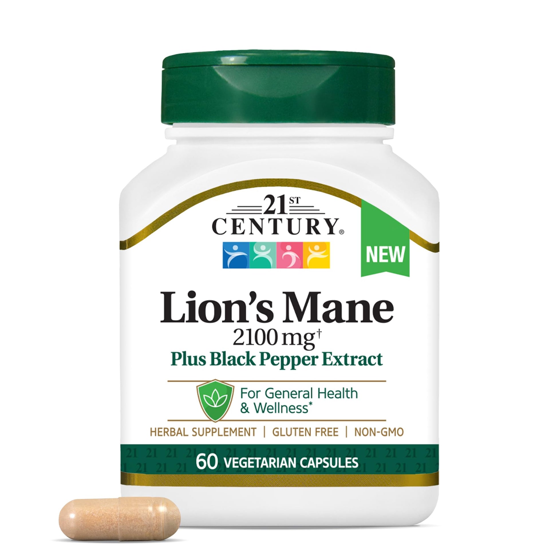21st Century Lion's Mane 2,100 mg Plus Black Pepper Extract Capsules, 60 Count
