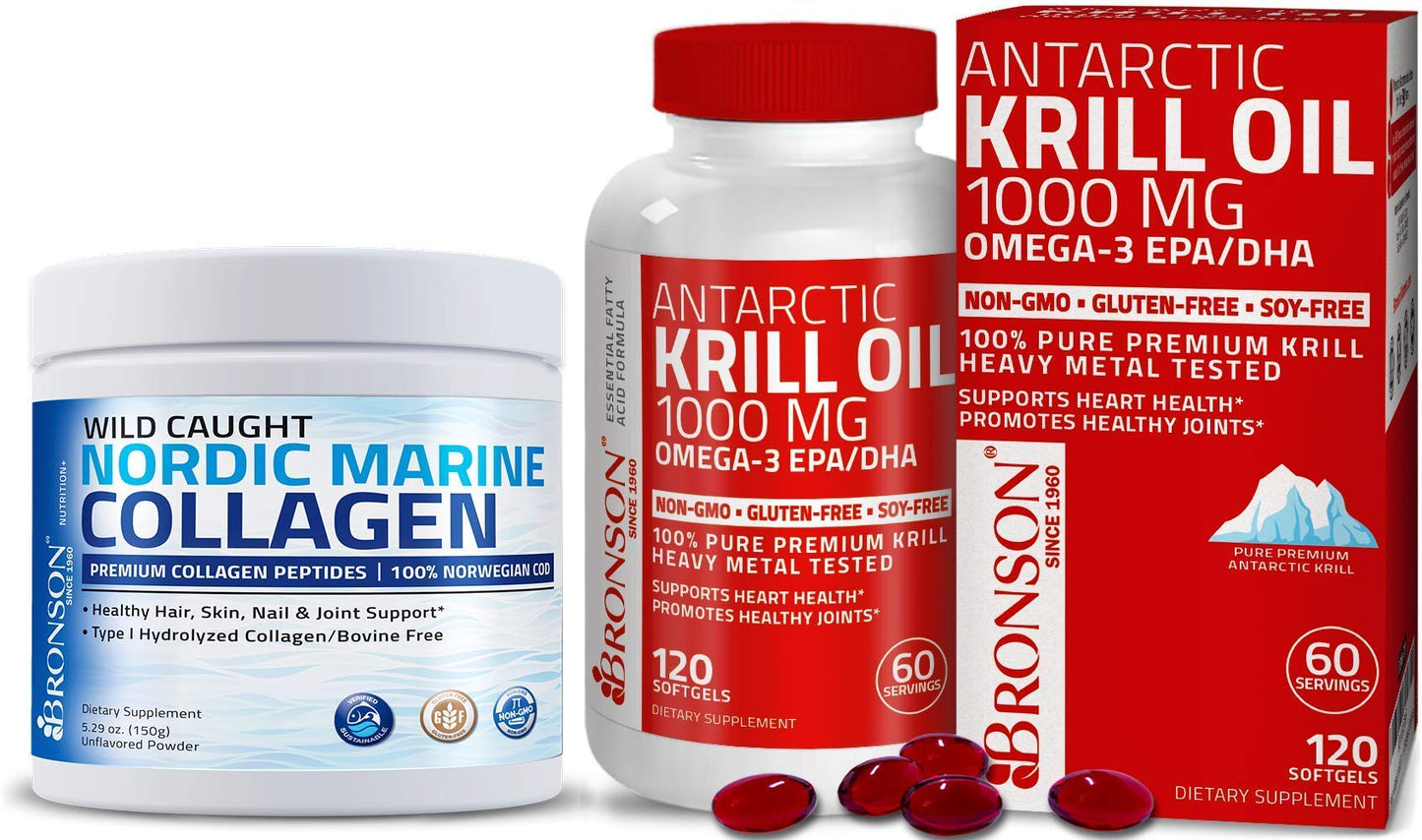 Bronson Marine Collagen Peptides Hydrolyzed Protein Powder + Antarctic Krill Oil 1000 mg with Omega-3s EPA DHA, 1