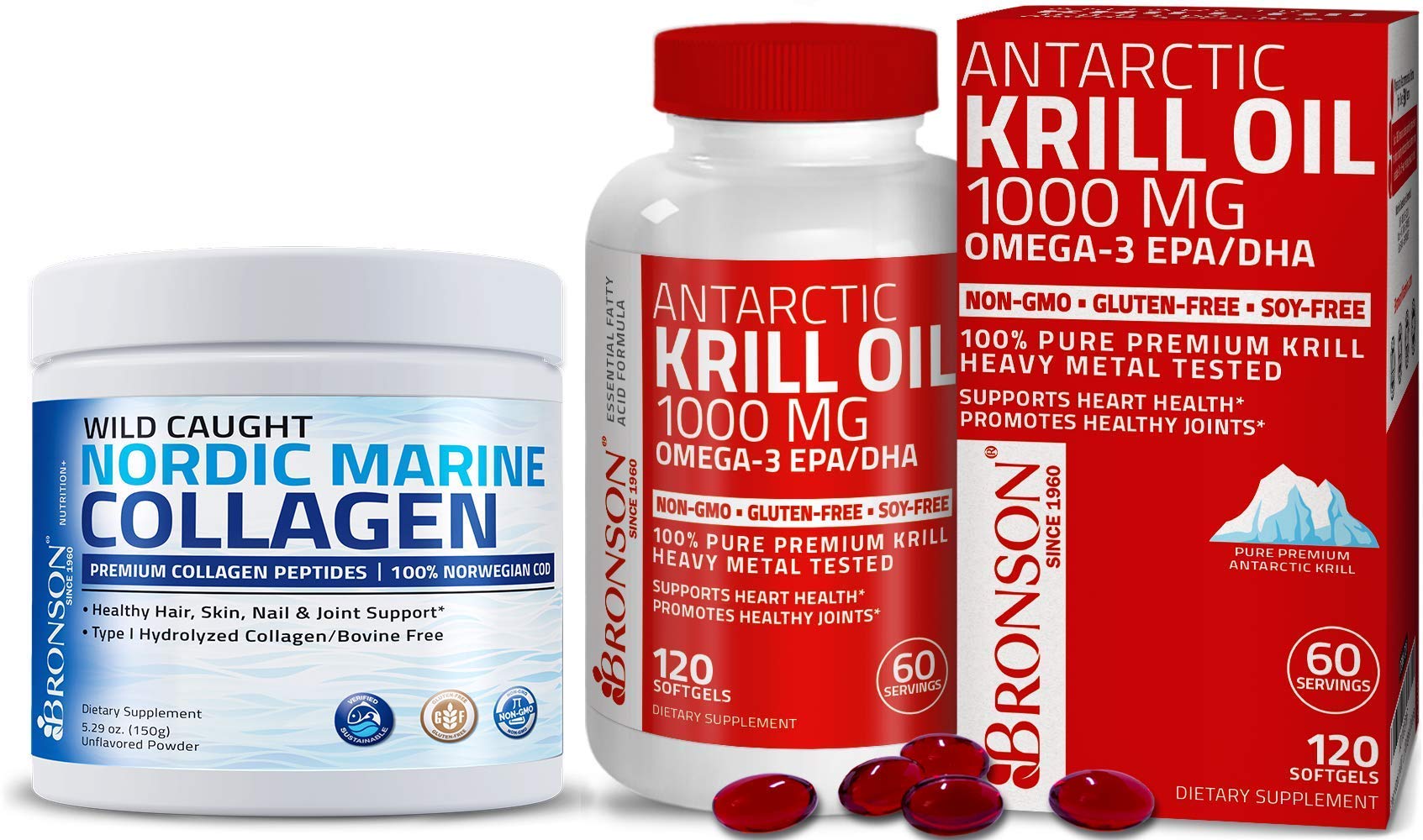 Bronson Marine Collagen Peptides Hydrolyzed Protein Powder + Antarctic Krill Oil 1000 mg with Omega-3s EPA DHA, 1